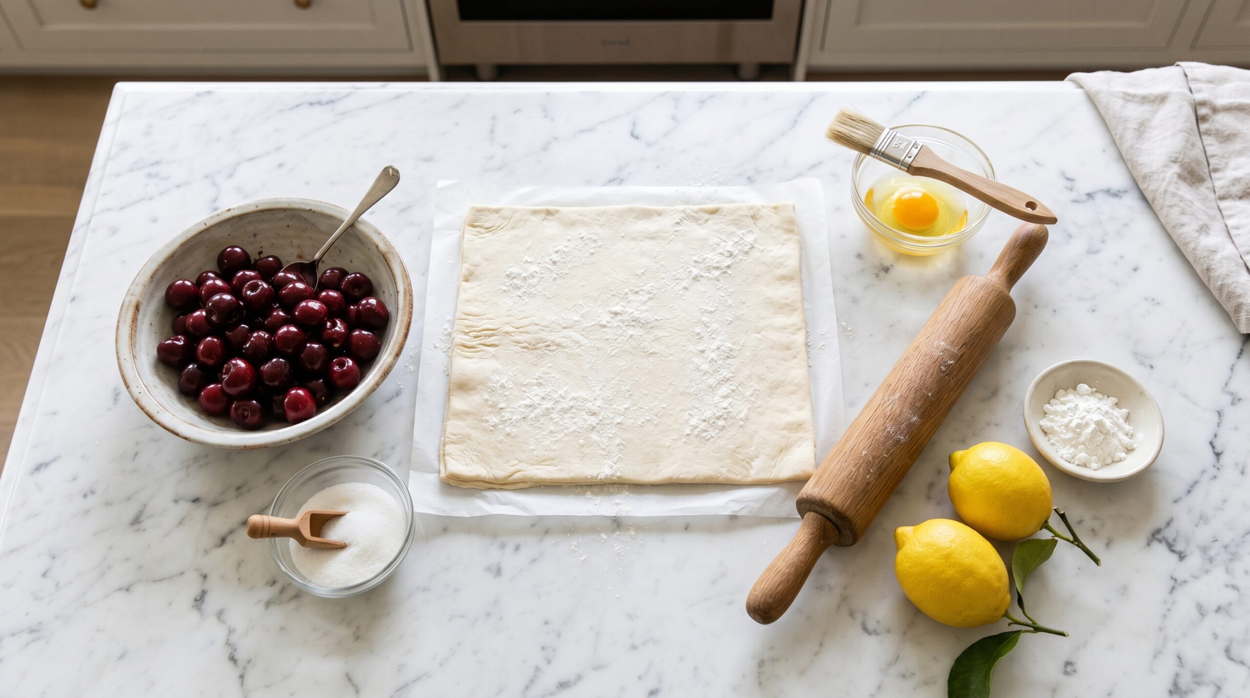Mise-en-place flat-lay on a marble island showing fresh pitted red cherries, raw puff pastry dough, lemons, sugar, cornstarch, an egg wash, and a wooden rolling pin