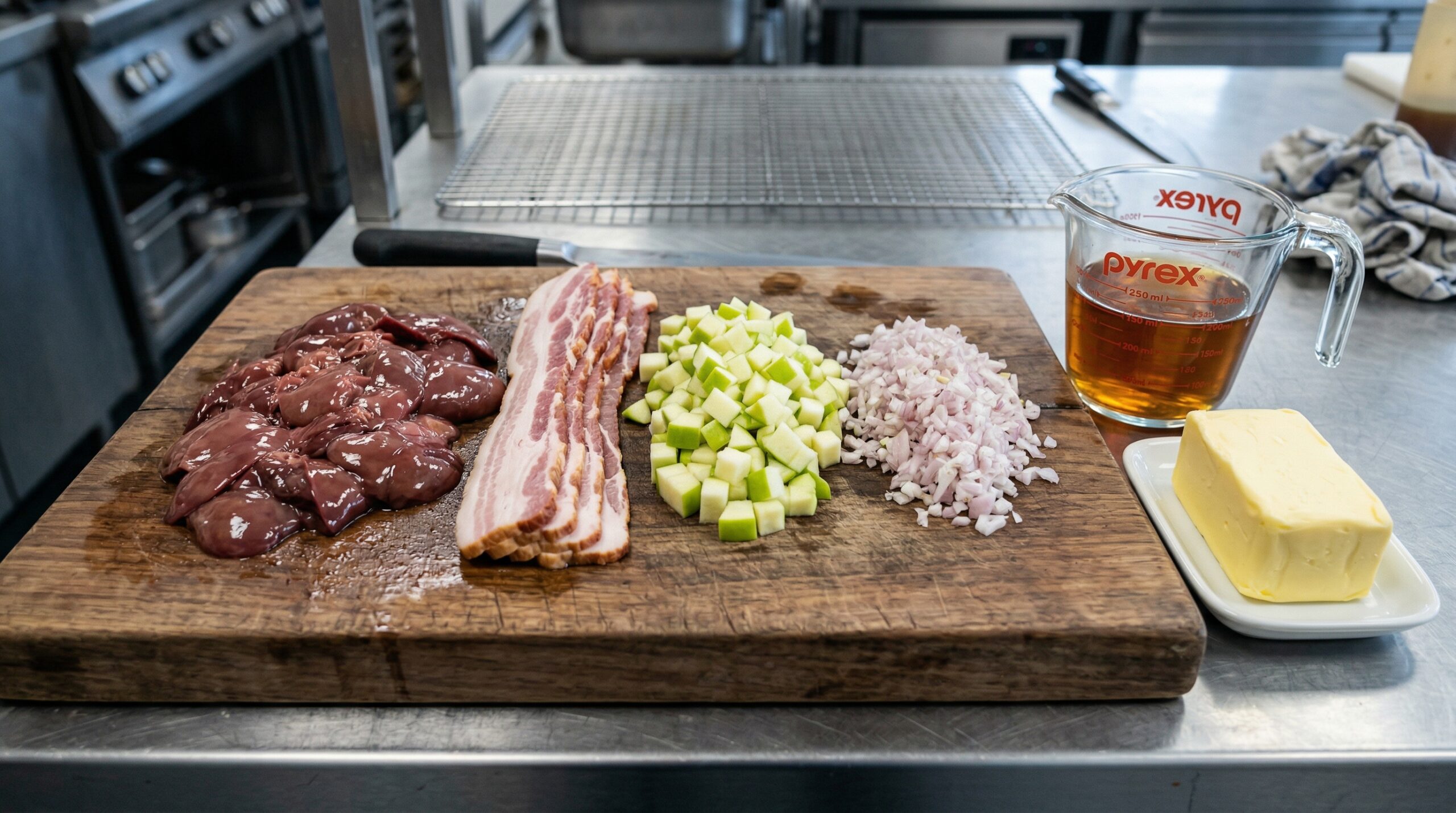 Fresh chicken livers resting next to thick slices of raw maple bacon, a diced Granny Smith apple, chopped shallots, and a glass measuring cup filled with dry amber sherry on a heavy wooden prep board