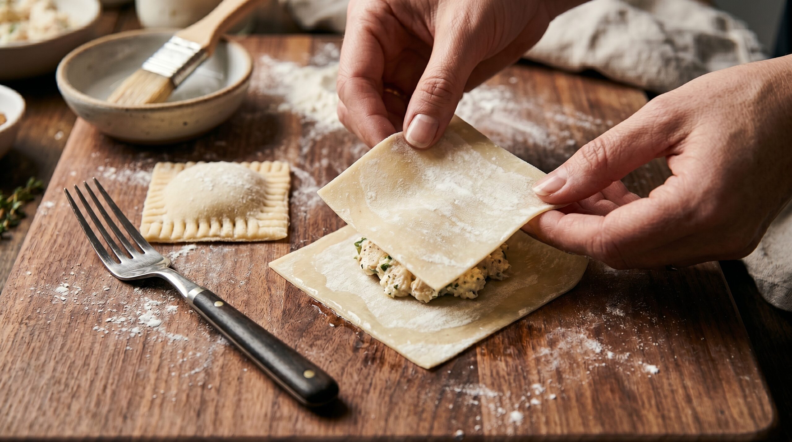 Elegant hands carefully placing a square wonton wrapper over a mound of creamy chicken and ricotta filling, brushing the edges to seal the ravioli
