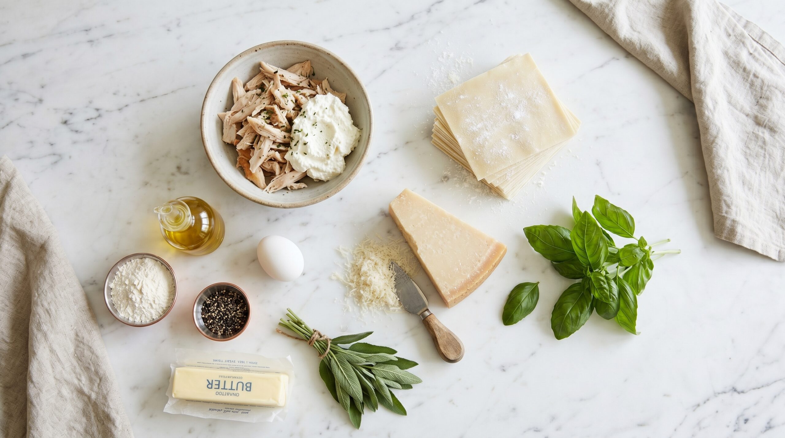 Mise-en-place flat-lay on a marble island showing shredded roasted chicken, fresh ricotta, Parmesan, basil leaves, square wonton wrappers, and a stick of butter