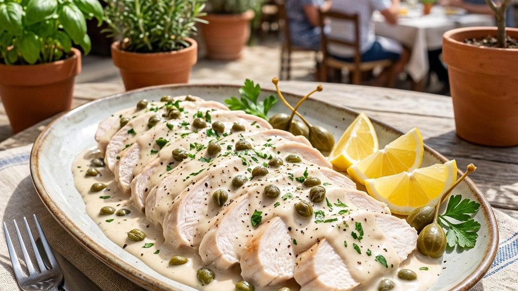 Slices of perfectly poached white chicken breast blanketed in a rich, creamy pale tonnato sauce dotted with savory capers.