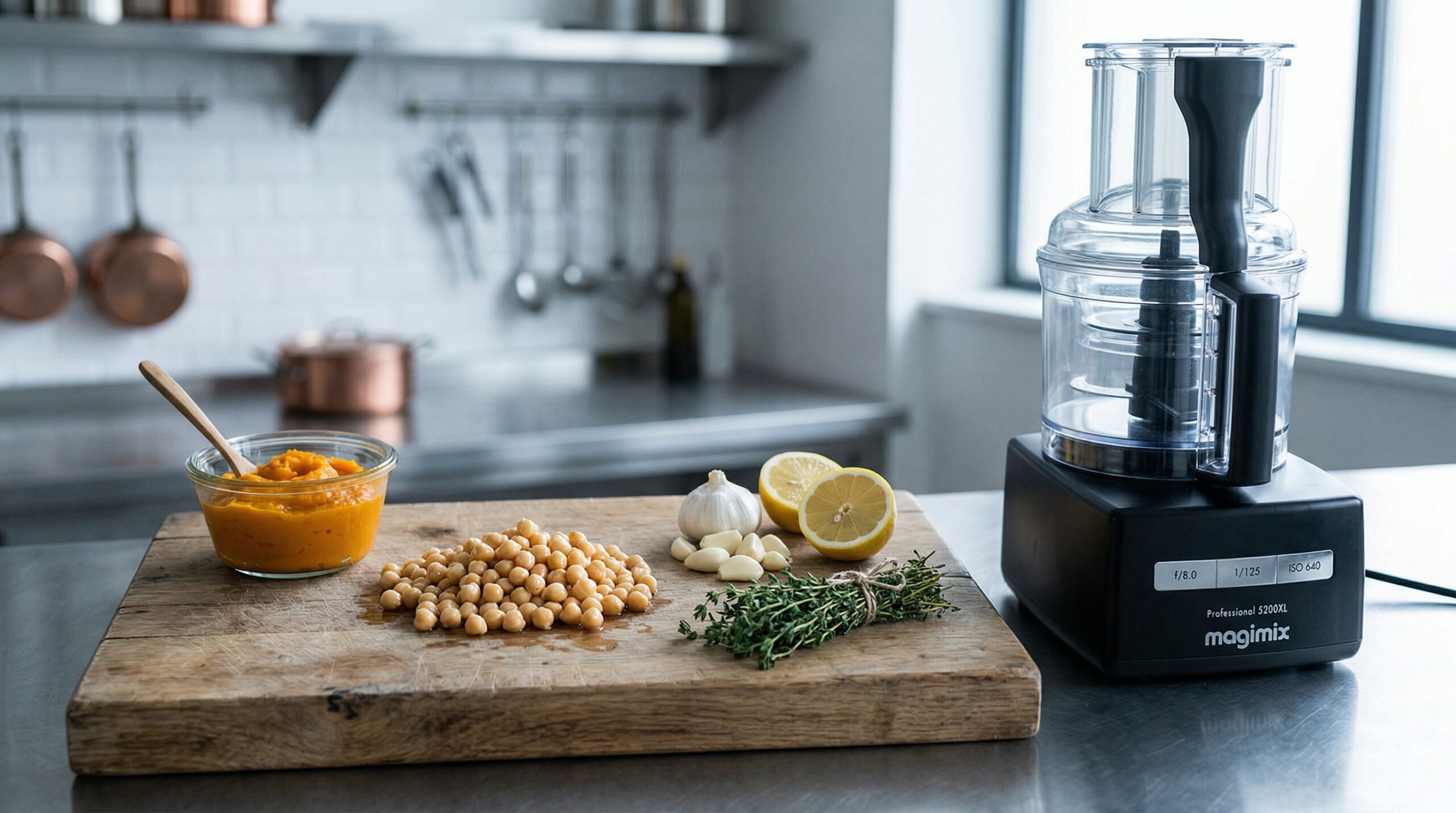A small glass bowl of bright orange pumpkin puree resting next to rinsed chickpeas, peeled garlic cloves, a halved lemon, and fresh thyme on a heavy wooden prep board