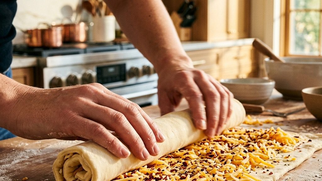Hands actively rolling up a sheet of puff pastry heavily covered in chili and cheddar cheese