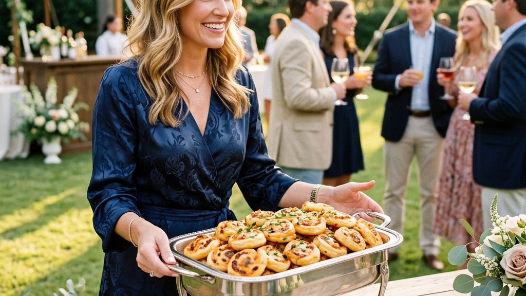 A silver chafing dish overflowing with hot baked chili cheese pastry pinwheels at a sophisticated outdoor garden party