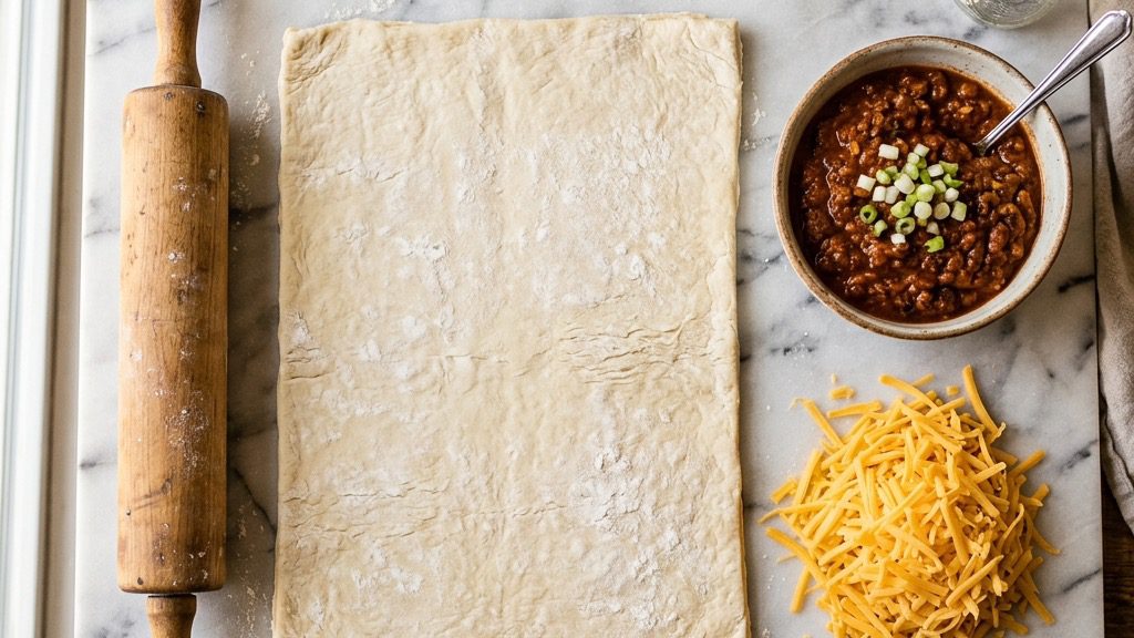 Mise-en-place flatlay of raw puff pastry, sharp cheddar cheese, and rustic chili