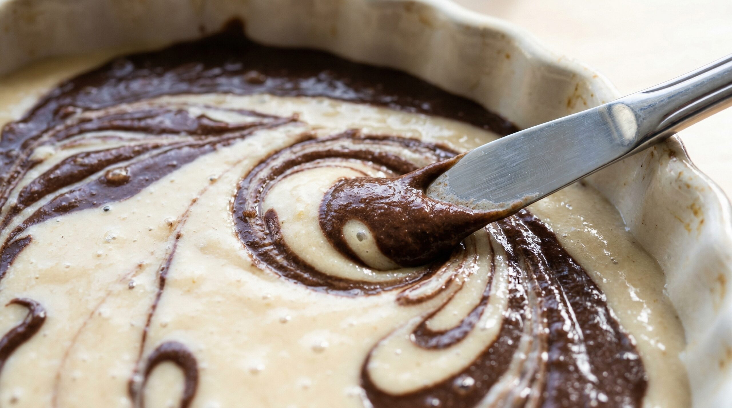 Mechanical marbling of chocolate and vanilla banana bread batter in a baking dish