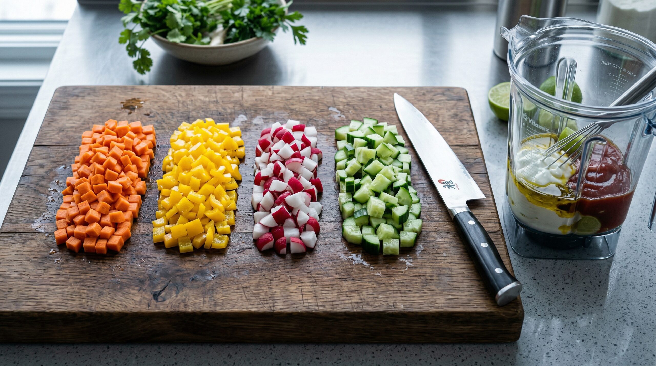 Perfectly uniform diced cubes of bright orange carrots, yellow bell peppers, red radishes, and seeded cucumbers resting on a heavy wooden prep board next to a chef's knife