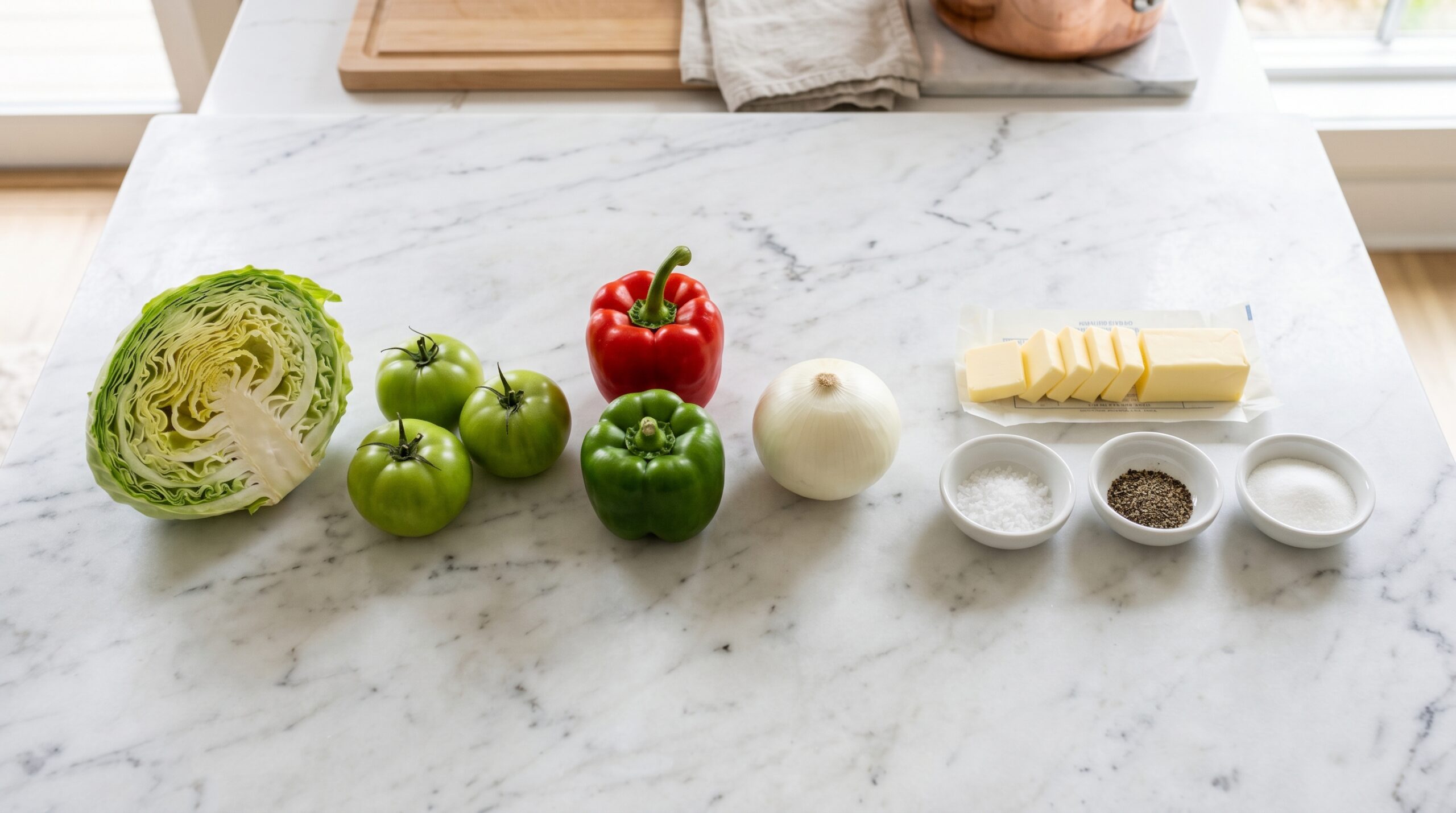 Mise-en-place flat-lay on a marble island showing fresh green cabbage, green tomatoes, red and green bell peppers, a white onion, butter pats, and seasonings
