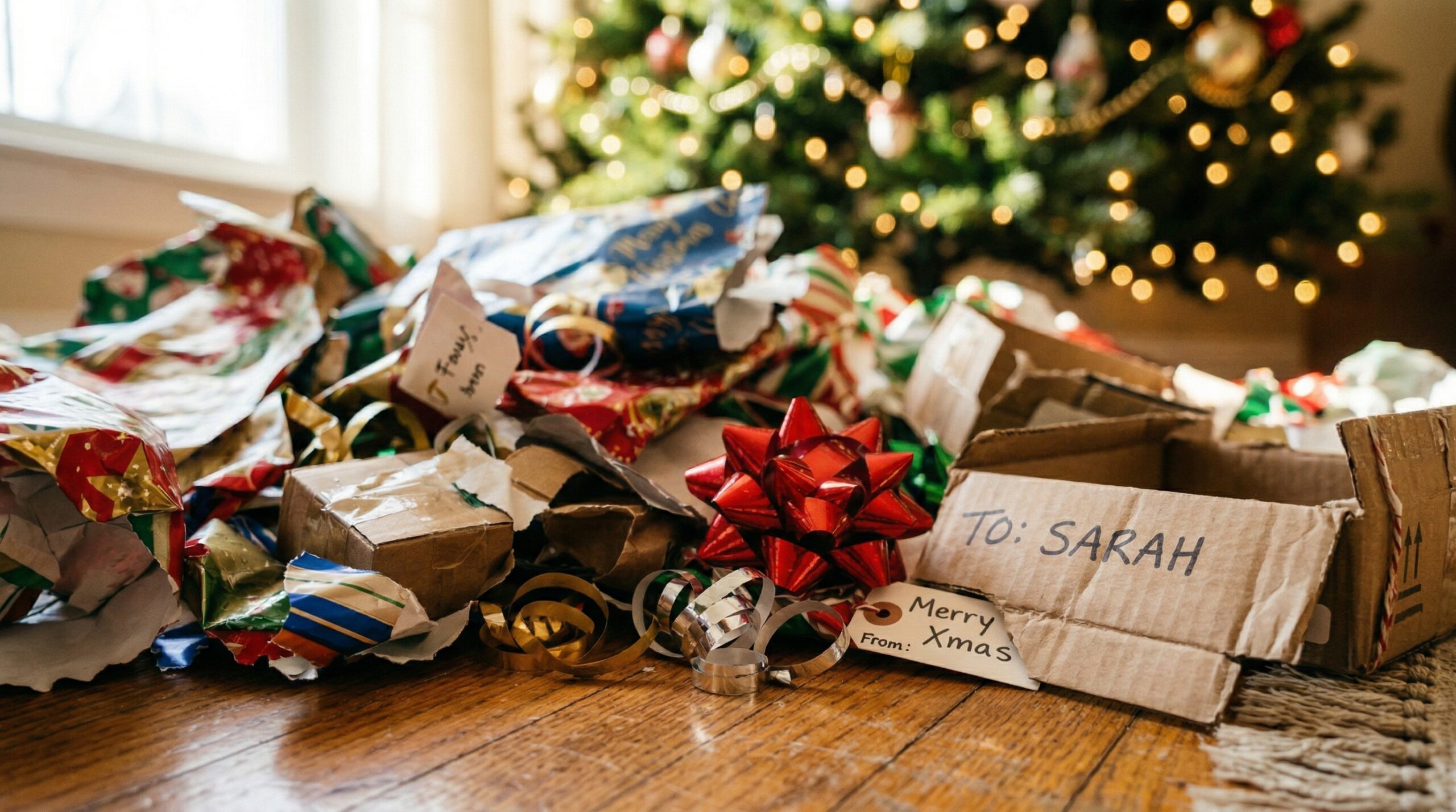 A pile of torn, colorful wrapping paper, shiny bows, and empty cardboard boxes resting on a hardwood floor
