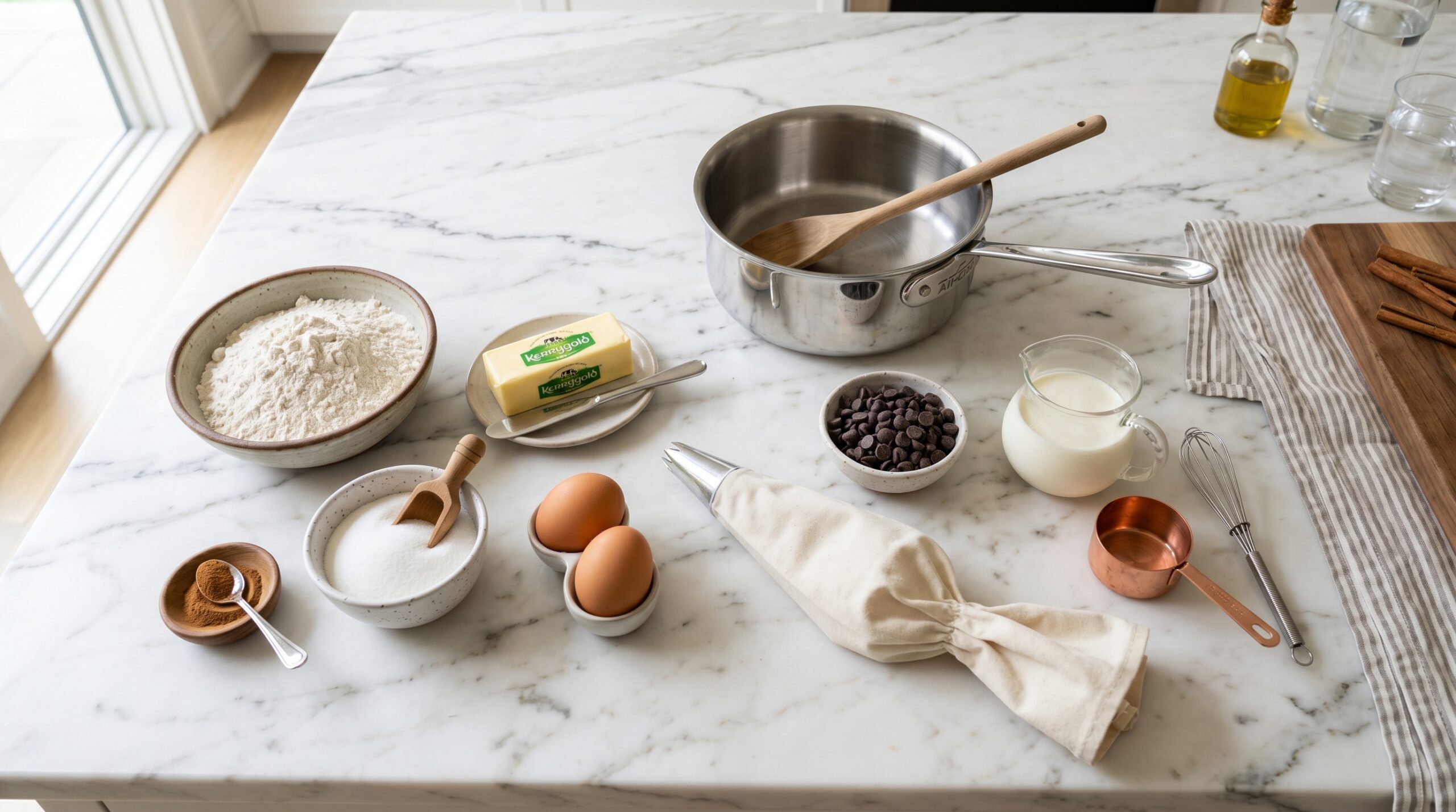 Mise-en-place flat-lay on a marble island showing flour, butter, raw eggs, cinnamon, sugar, a canvas pastry bag, chocolate chips, and heavy cream