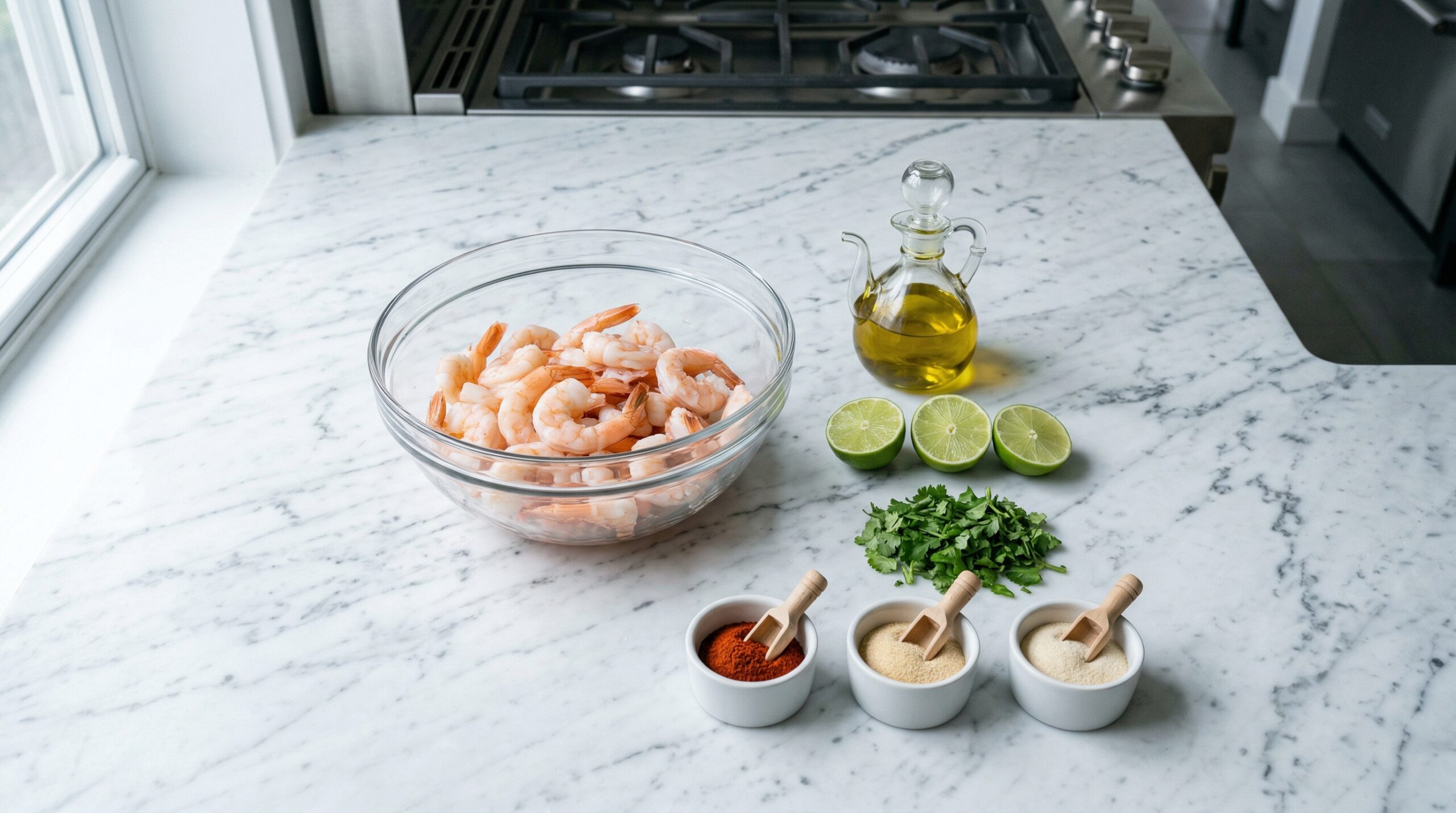 Cooked, pink shrimp resting next to a small glass cruet of golden extra virgin olive oil, halved fresh limes, chopped cilantro, and chili powder on a pristine marble counter