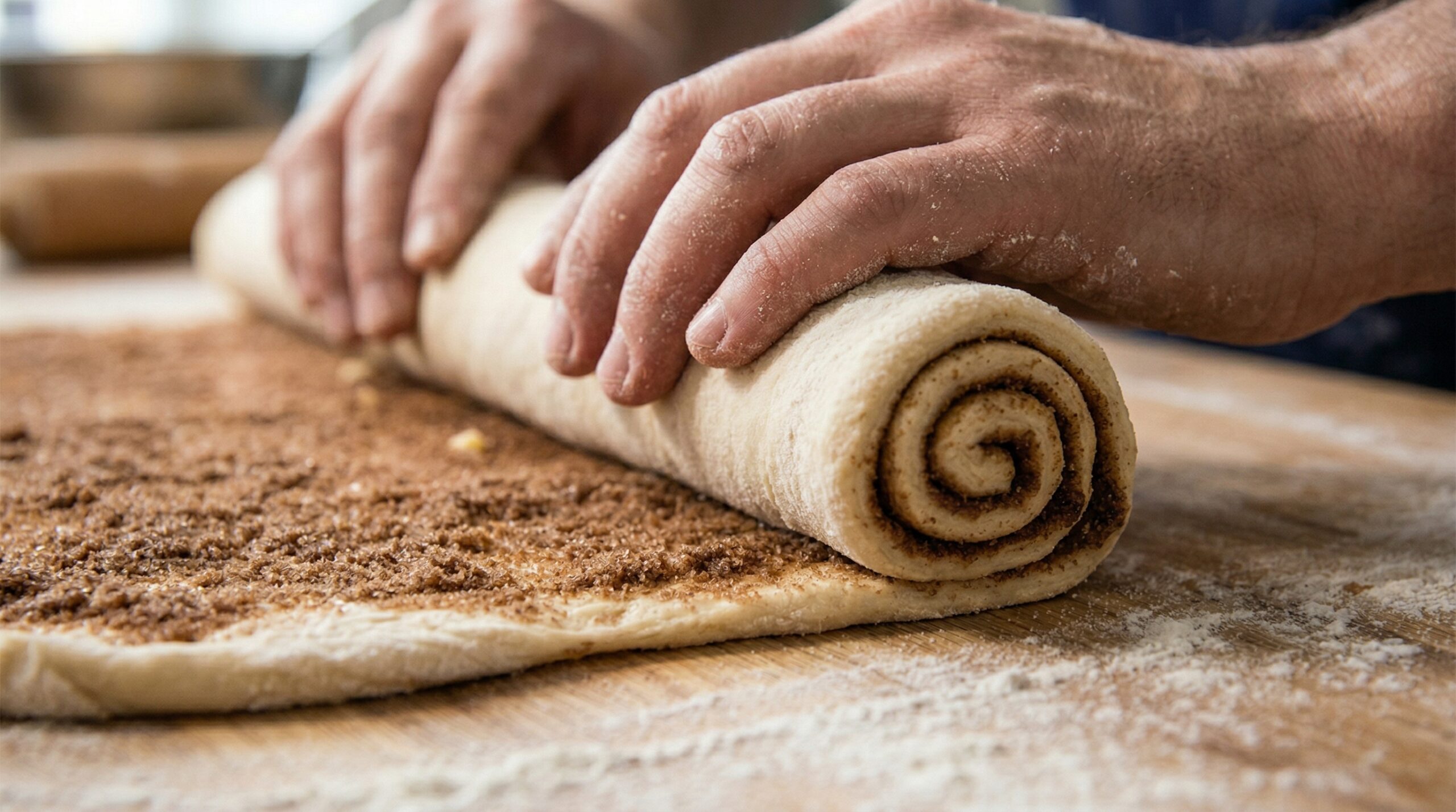 Mechanical rolling of cinnamon-sugar dough into a uniform cylinder