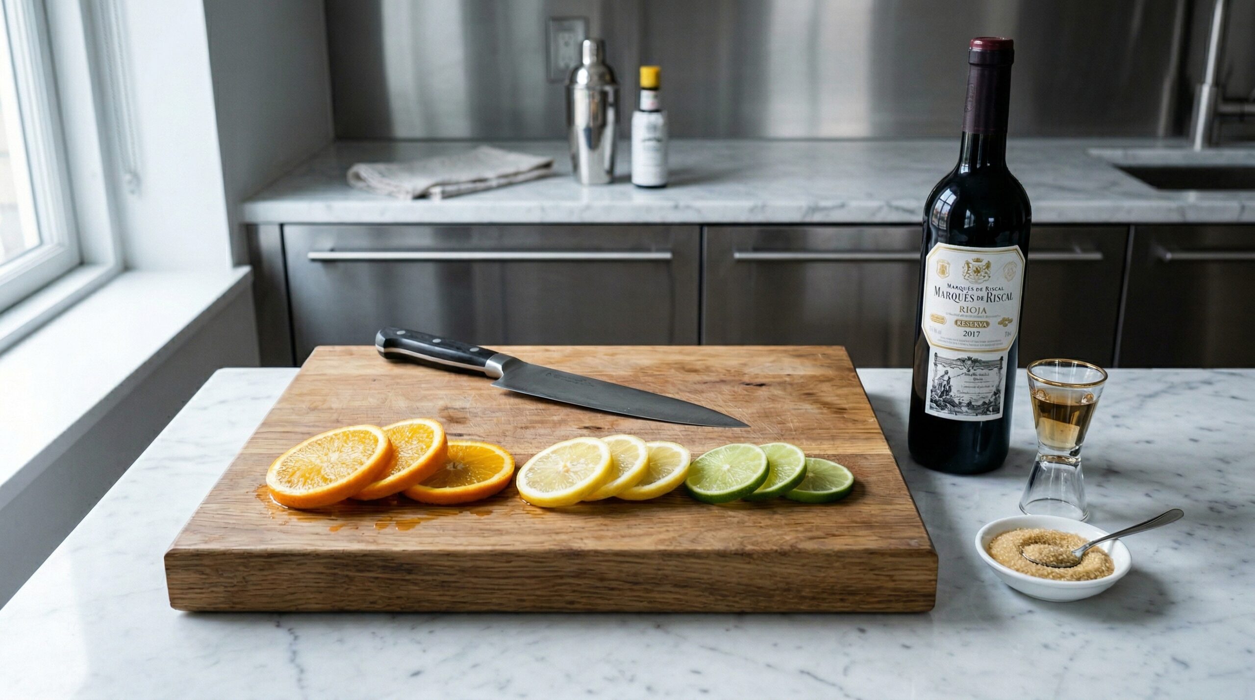 A heavy wooden prep board holding perfectly sliced pinwheels of oranges, lemons, and limes next to a bottle of dark red Rioja wine and a glass jigger filled with clear Cointreau