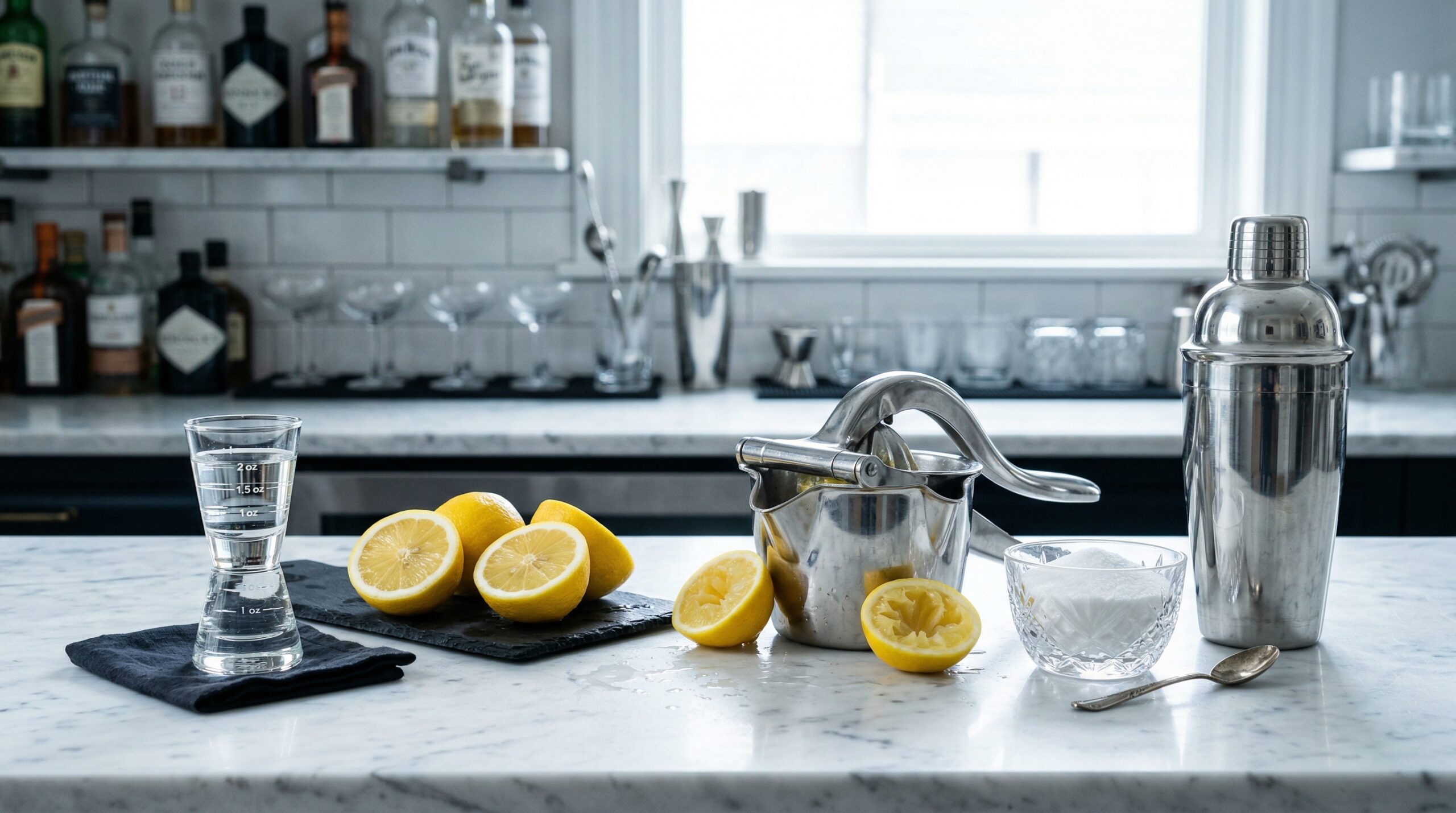 A heavy glass jigger filled with clear citrus vodka resting next to freshly halved bright yellow lemons, a silver citrus juicer, and a small crystal dish of superfine sugar on a marble counter