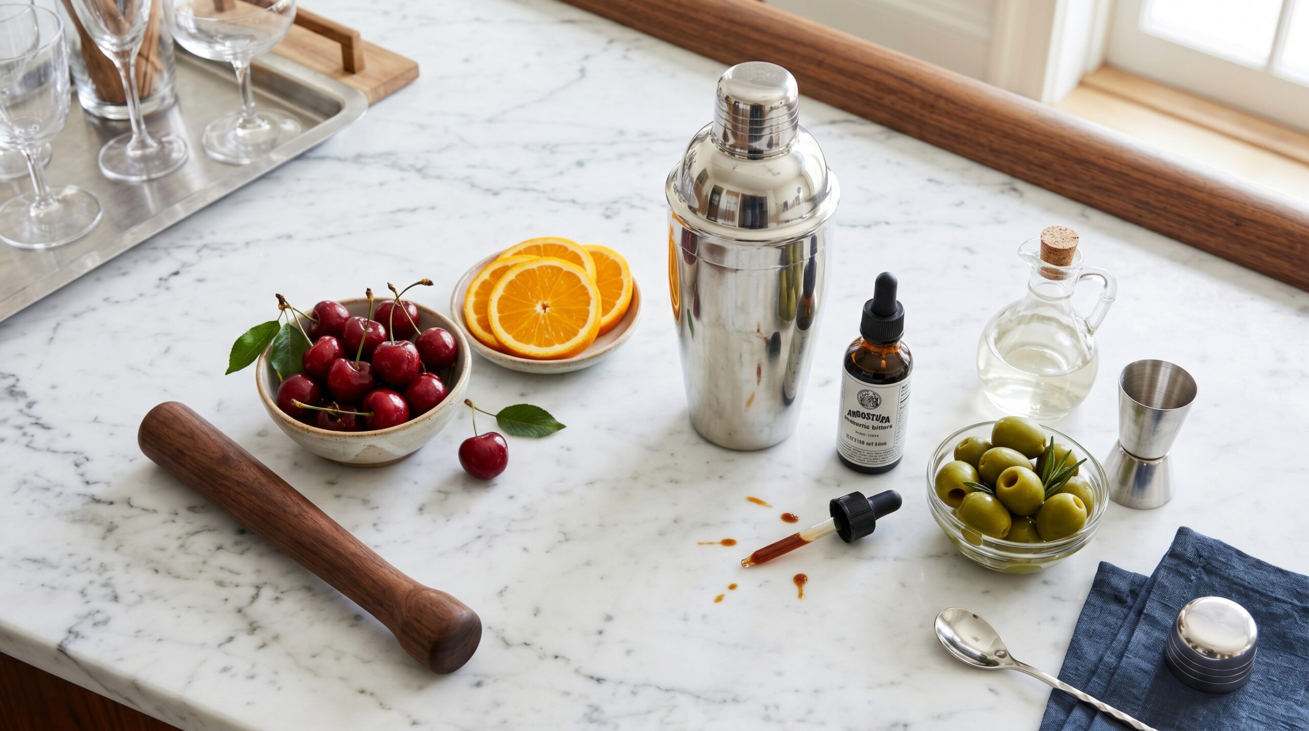 Mise-en-place flat-lay on a marble bar counter showing a silver cocktail shaker, wooden muddler, fresh cherries, citrus, colossal olives, and clear simple syrup