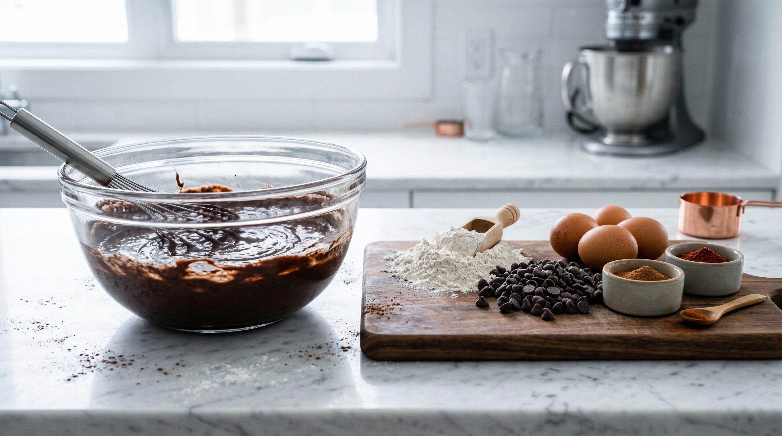 A heavy glass bowl holding a glossy, dark brown batter of cocoa powder and oil resting next to all-purpose flour, semi-sweet chocolate chips, and red chili powder on a pristine marble counter
