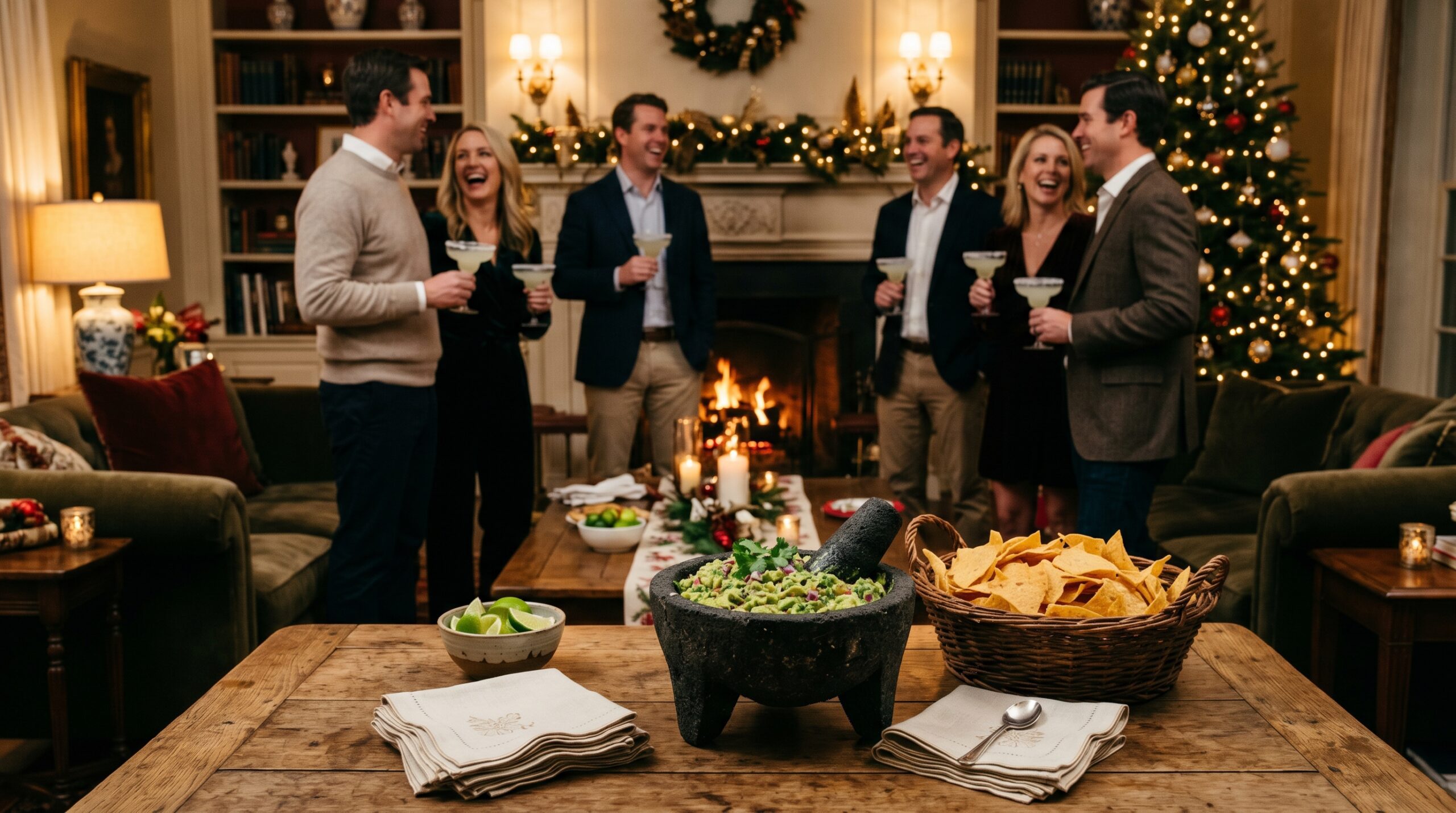 Elegant indoor estate living room during a warm holiday evening gathering with couples laughing, a stone mortar and pestle of grilled guacamole in the foreground