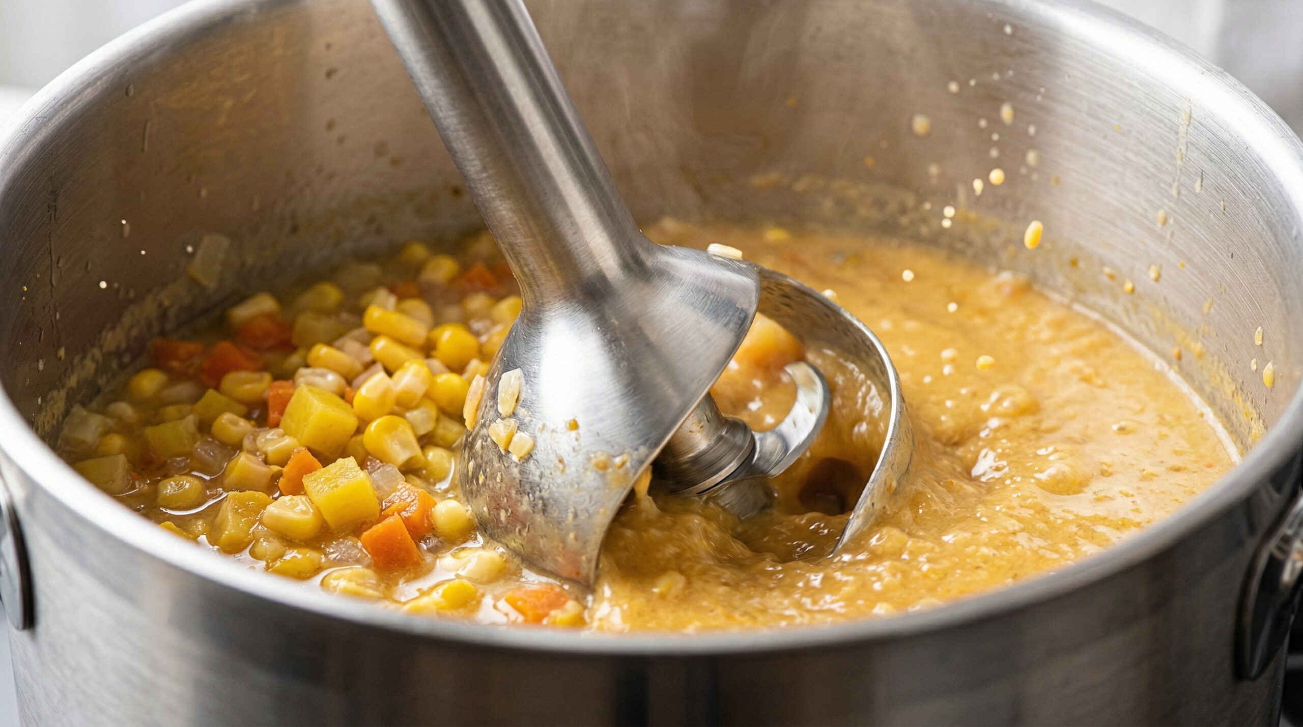 Immersion blender emulsifying a golden corn soup into a smooth bisque