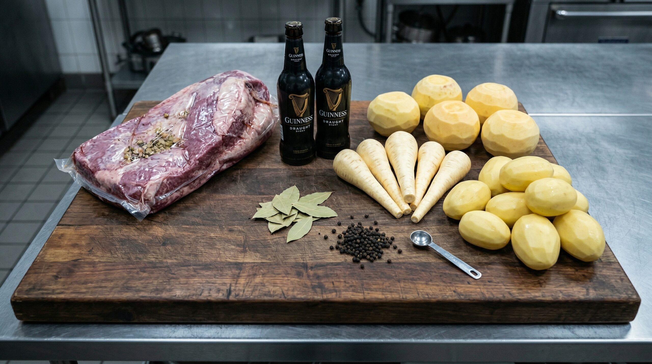 Raw corned beef brisket, dark stout beer, and whole root vegetables on a wooden board