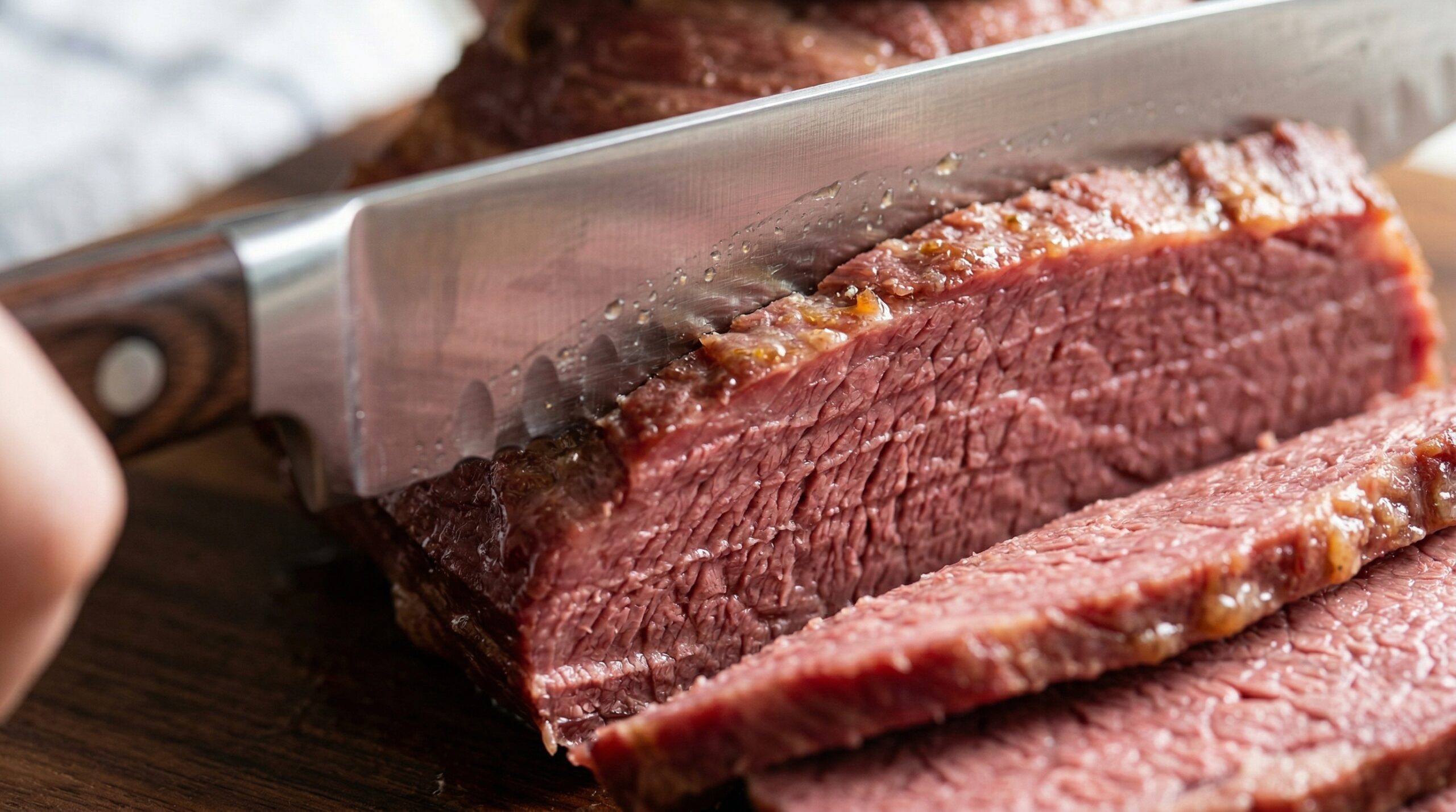 Sharp carving knife executing a transverse slice across the grain of a corned beef brisket
