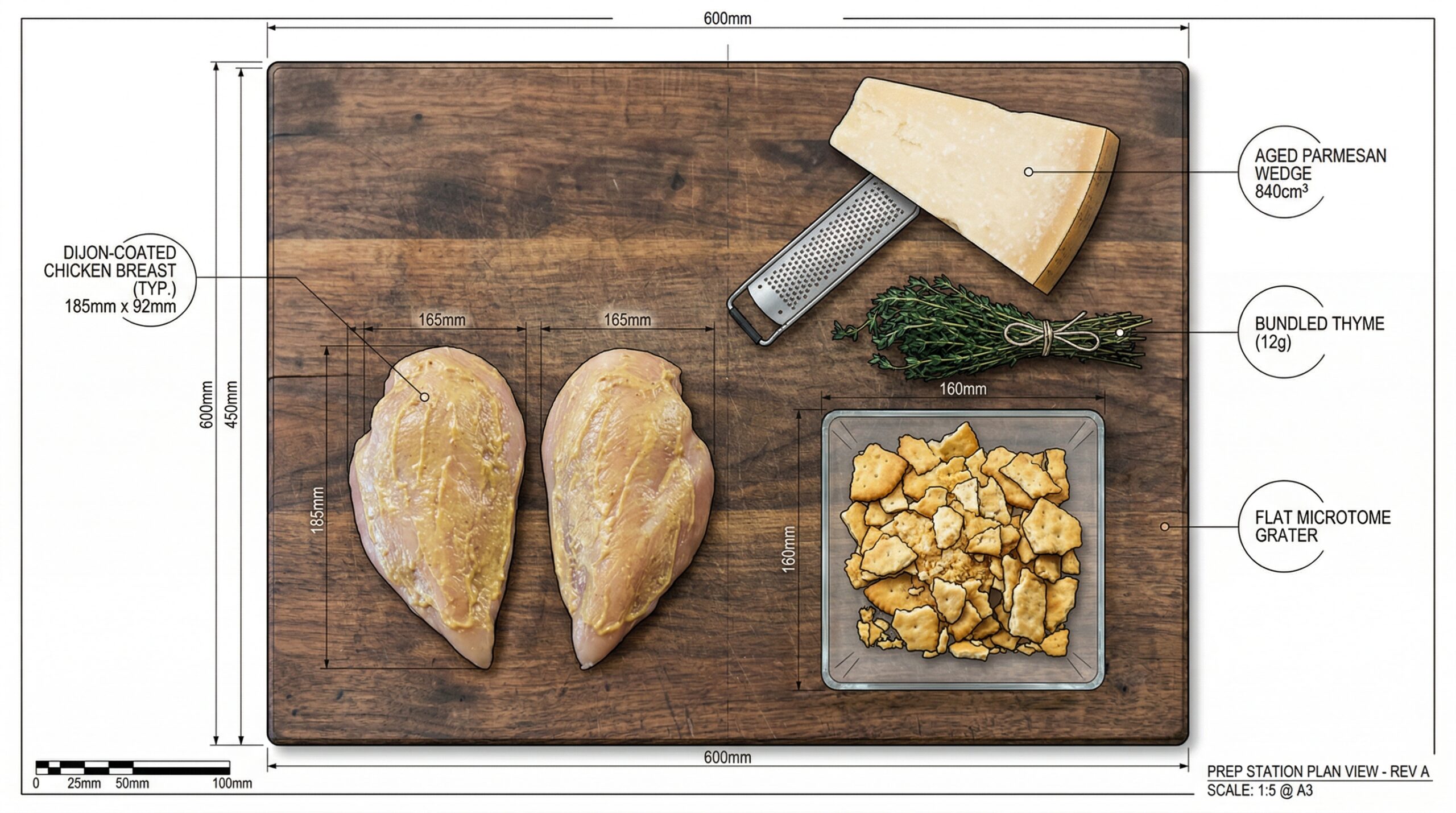 Architectural view of raw chicken cutlets, mustard, and cracker shards