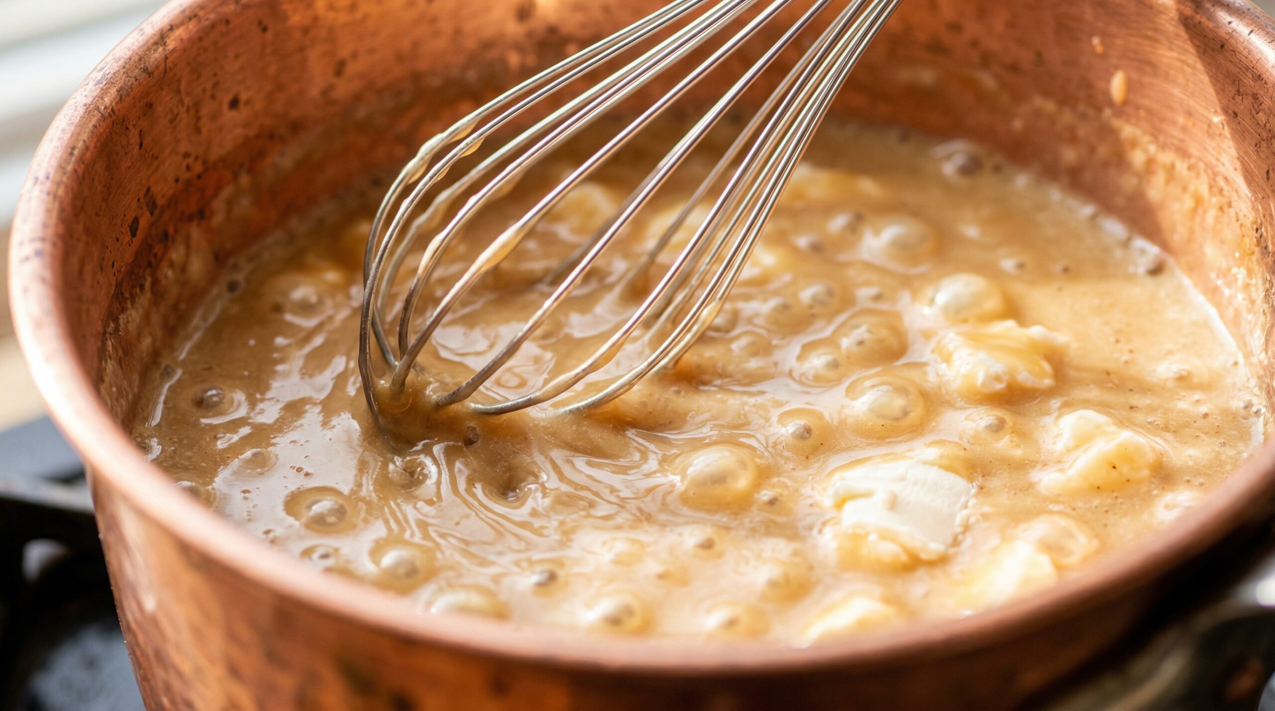 Macro detail of a silver whisk turning a rich, glossy mixture of heavy whipping cream, pure maple syrup, and chunks of cream cheese bubbling in a heavy copper saucepan