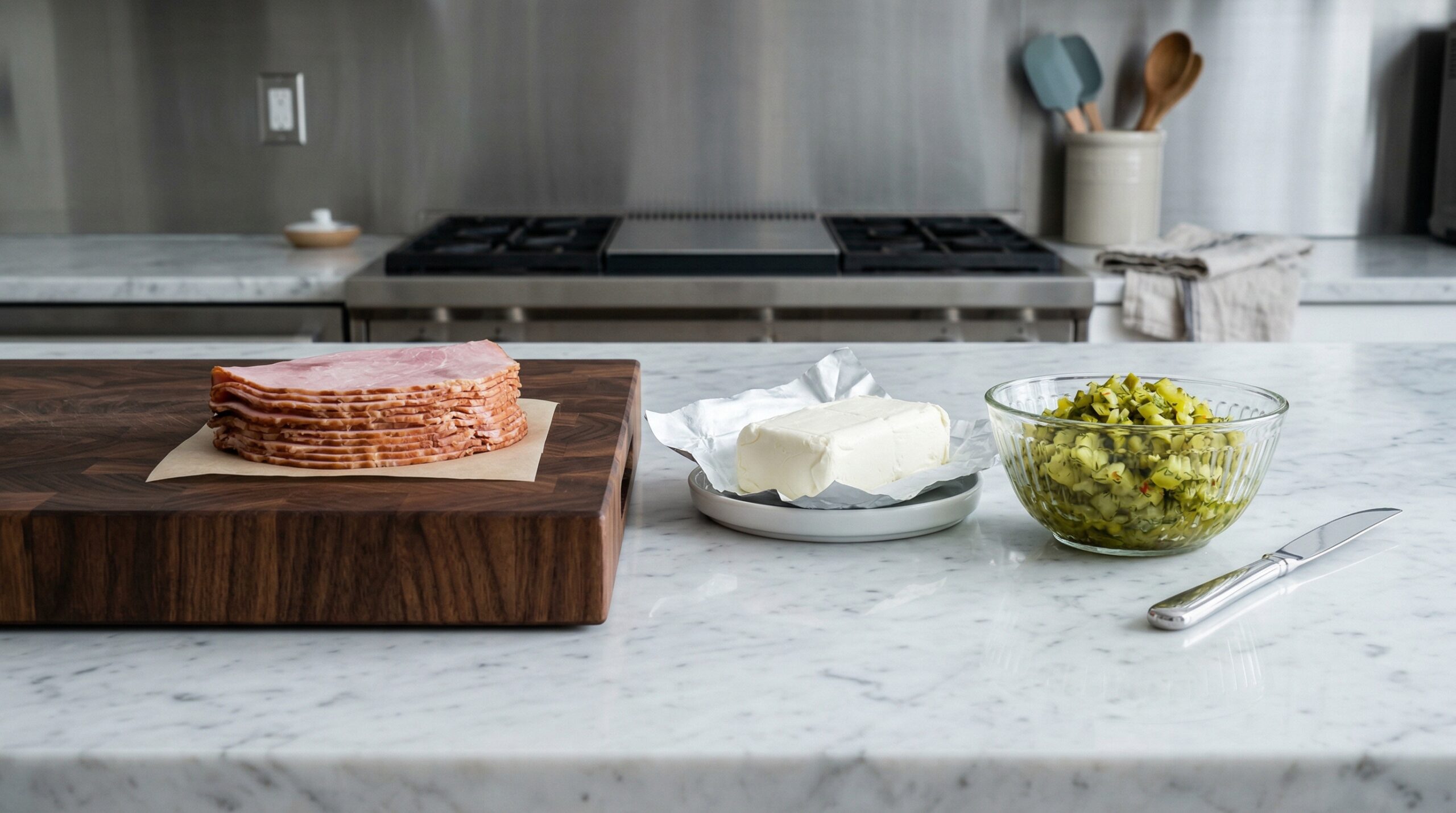 Thinly sliced high-quality deli ham resting next to a block of softened cream cheese and a bowl of chopped spicy dill pickles