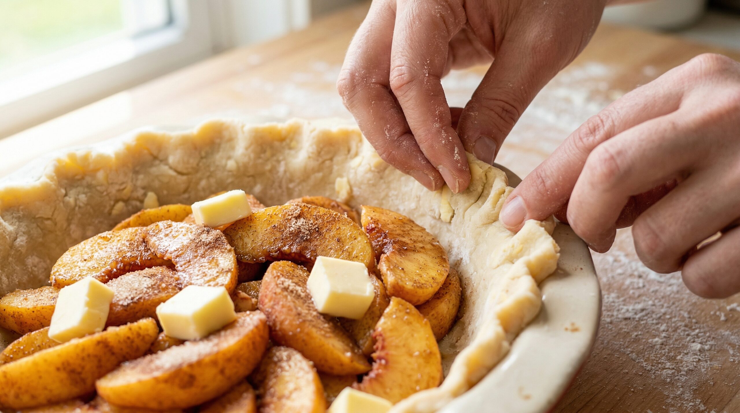Macro detail of two hands actively folding and crimping the edges of a raw, buttery pie crust over a mound of cinnamon-dusted peaches