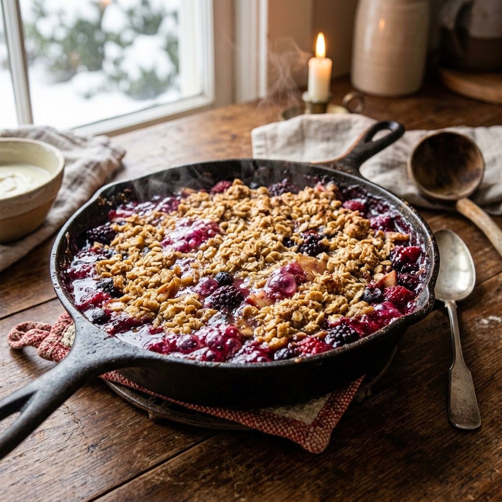 A bubbling, piping hot sweet fruit crumble baking in a rustic cast iron skillet, just taken out of the oven to warm up a winter day.