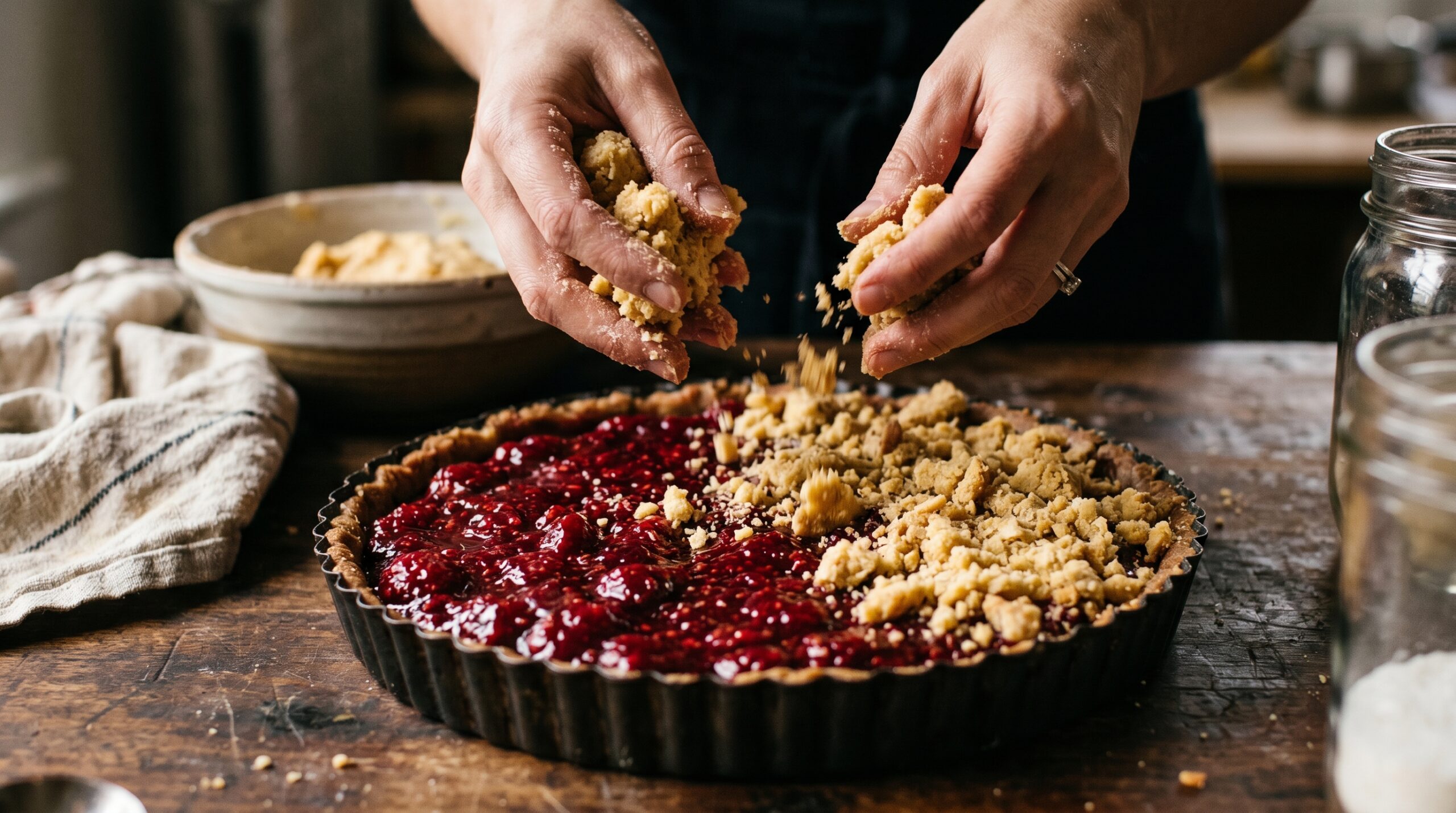 Action shot of hands crumbling chilled, golden shortbread dough over a fluted tart pan filled with a thick, glossy, dark red raspberry reduction