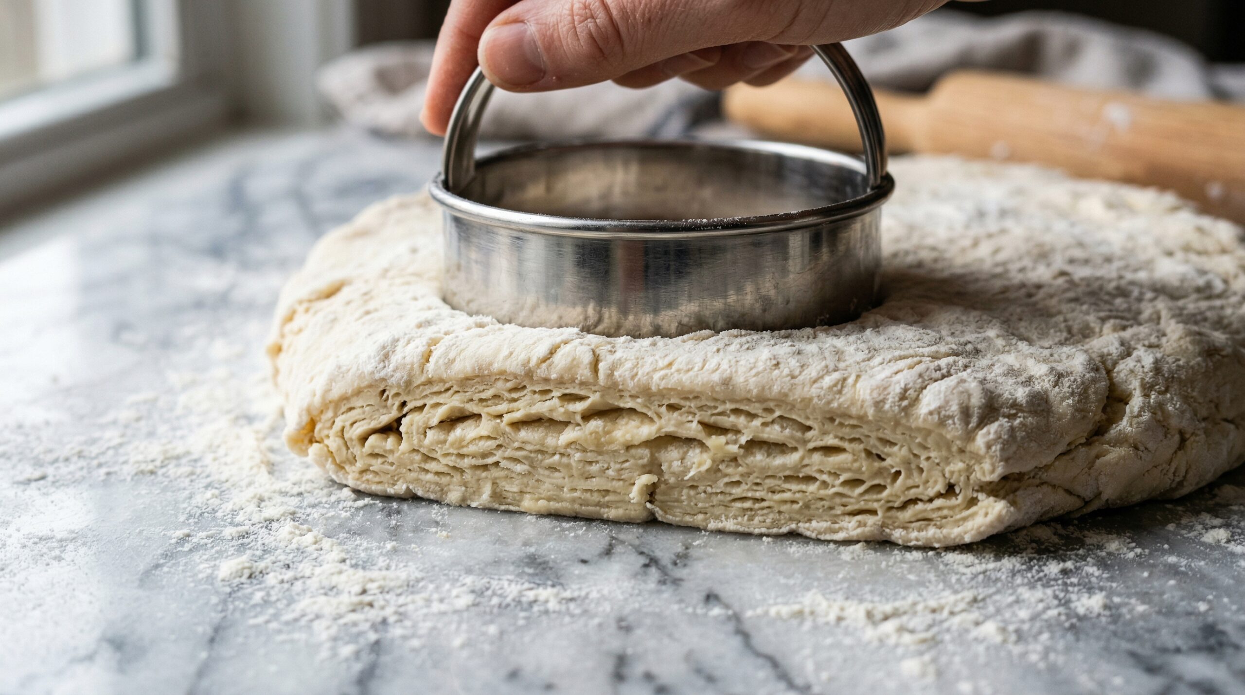 Macro detail of a sharp stainless steel biscuit cutter punching straight down into a heavily floured sheet of soft, sticky buttermilk biscuit dough
