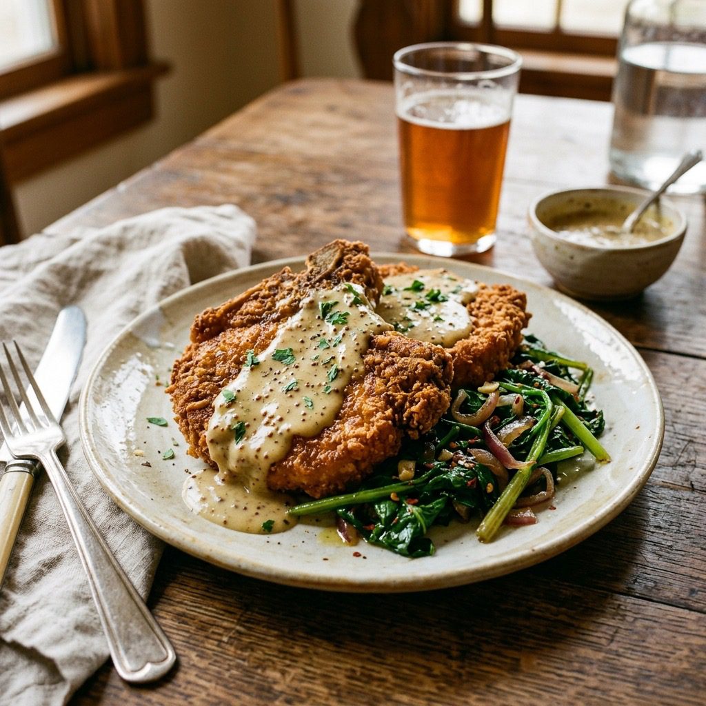 A beautifully plated, mouth-watering lifestyle photography shot of crispy Southern fried pork chops smothered in a rich, creamy mustard gravy, served alongside a warm bed of vibrant sautéed dandelion greens, resting on an elegant, rustic dining table.