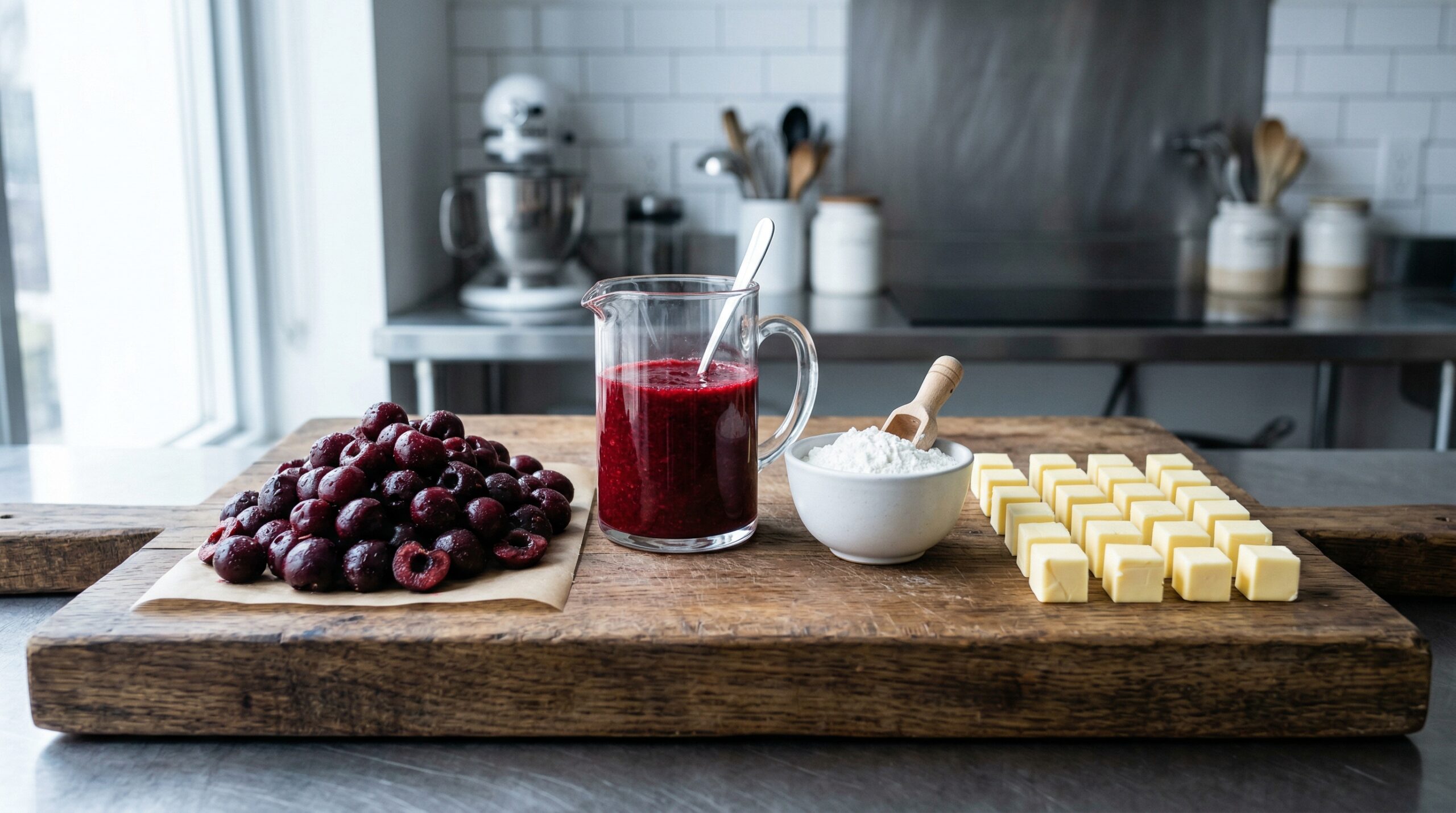 Pitted dark cherries and a carafe of berry puree on a marble prep board