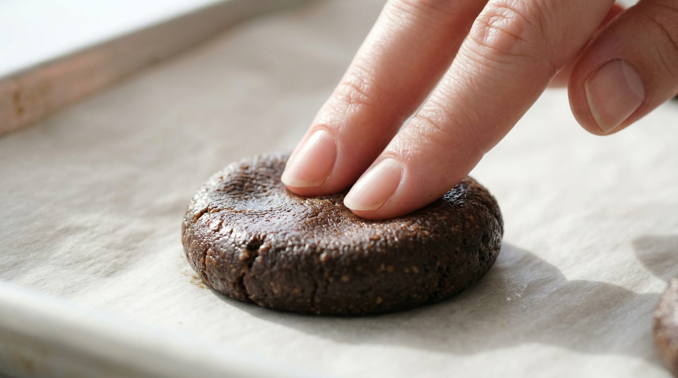 Manual compression of dark chocolate cookie dough into uniform disks on parchment