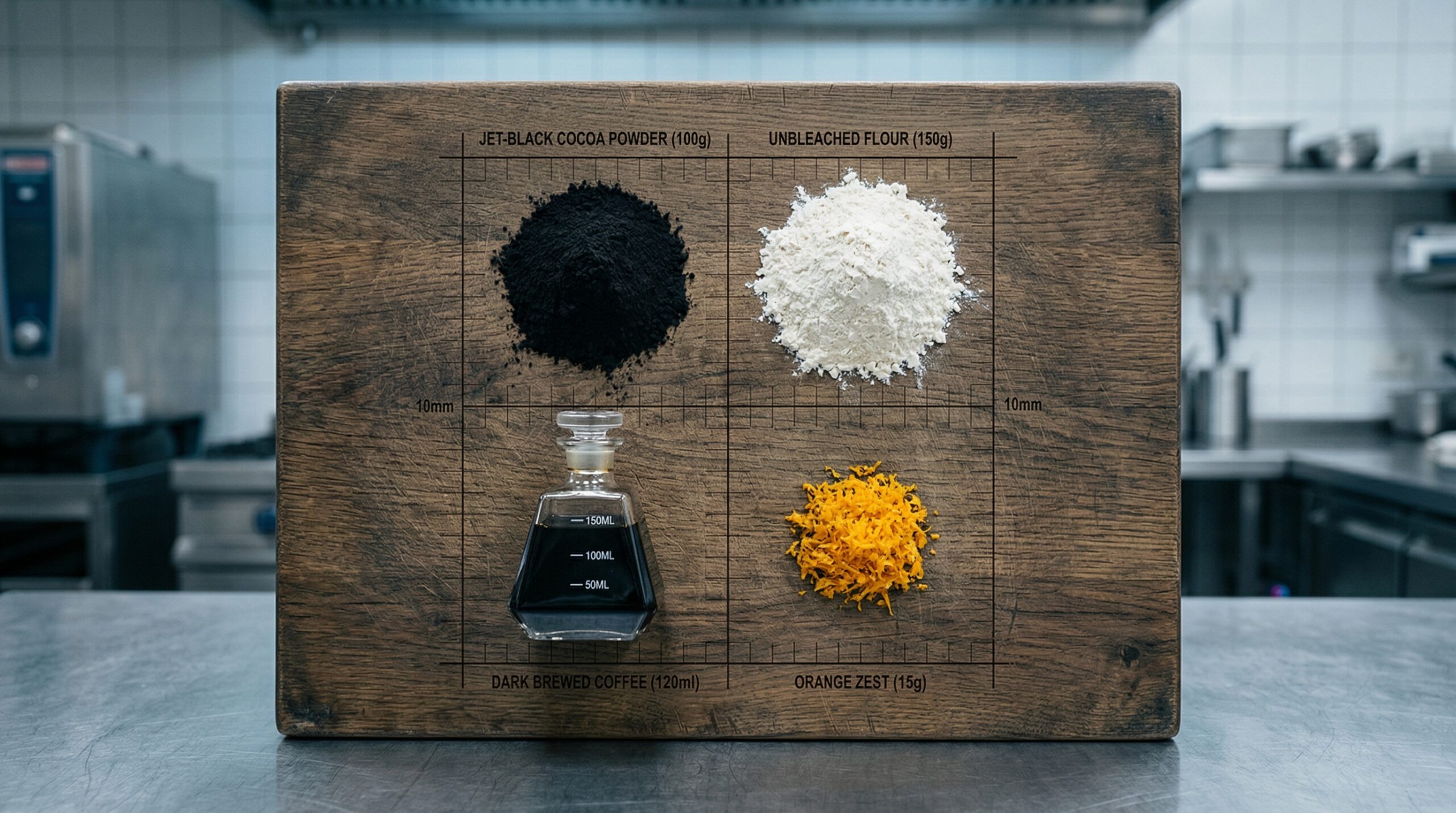 Jet-black cocoa powder, brewed coffee, and orange zest on a wooden prep board