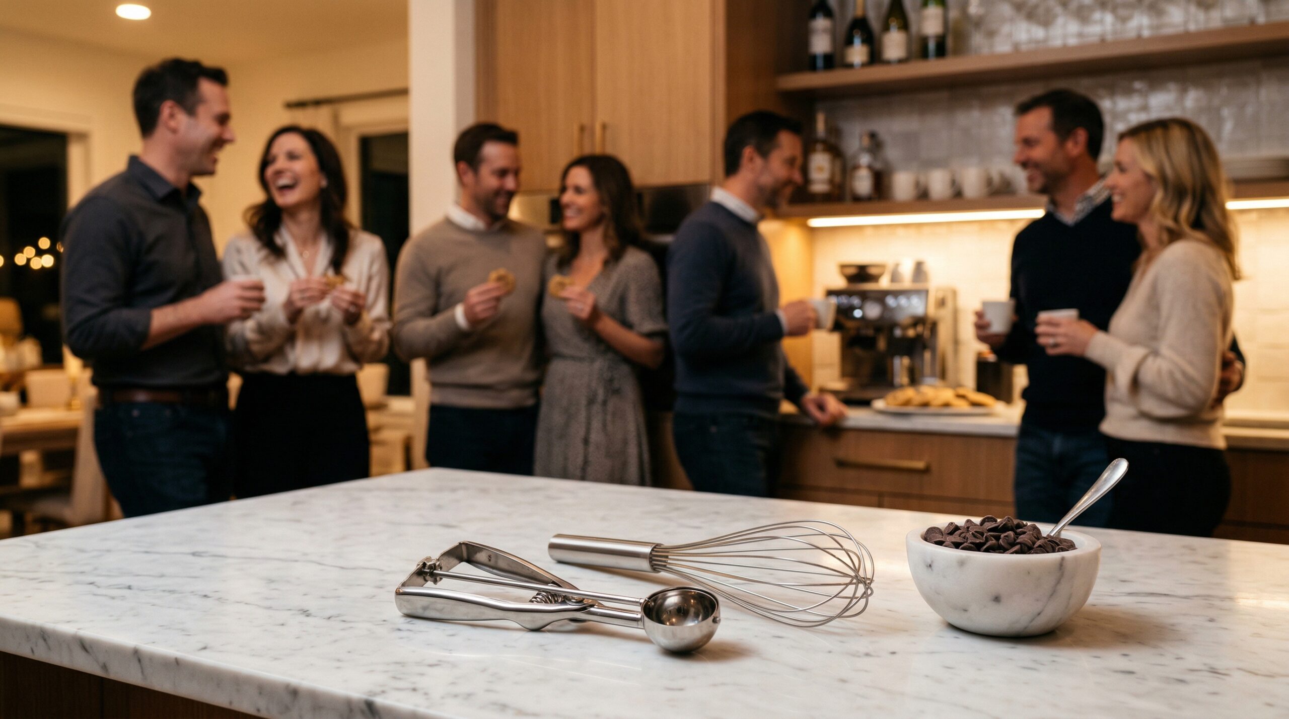 Kitchen tools in foreground with an elegant evening coffee gathering in background