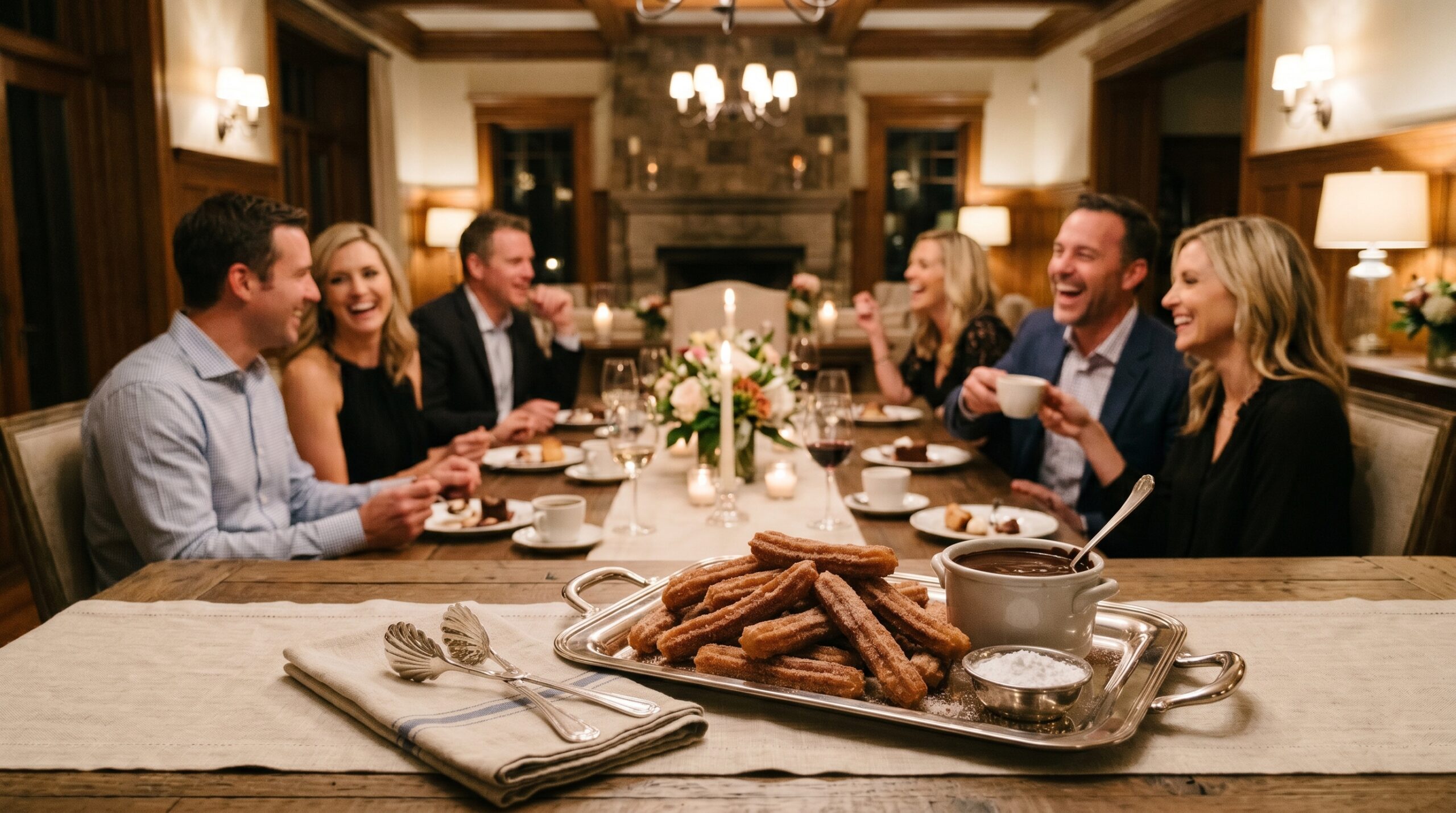 Elegant indoor estate dining room during a late-evening dessert gathering with couples laughing in the background, a silver serving tray of churros and chocolate in the foreground