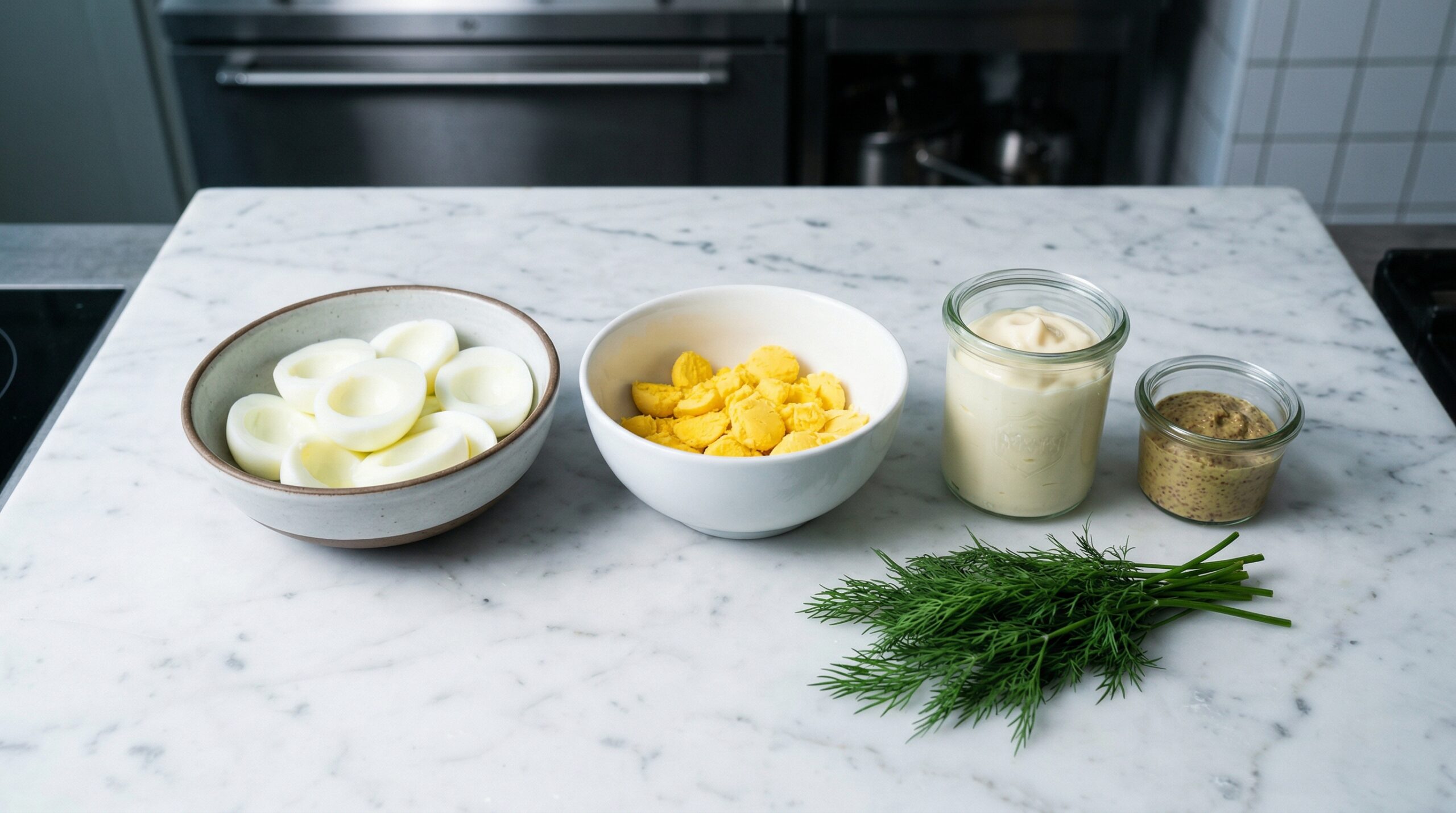 Halved hard-boiled egg whites, a bowl of bright yellow yolks, mayonnaise, Dijon mustard, and fresh dill sprigs resting on a pristine marble counter