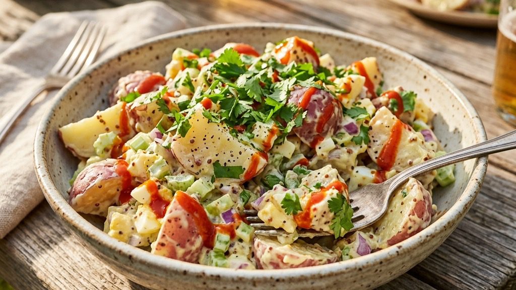 A stylish close-up of creamy red potato salad crafted with dijon mustard and garnished with fresh cilantro.