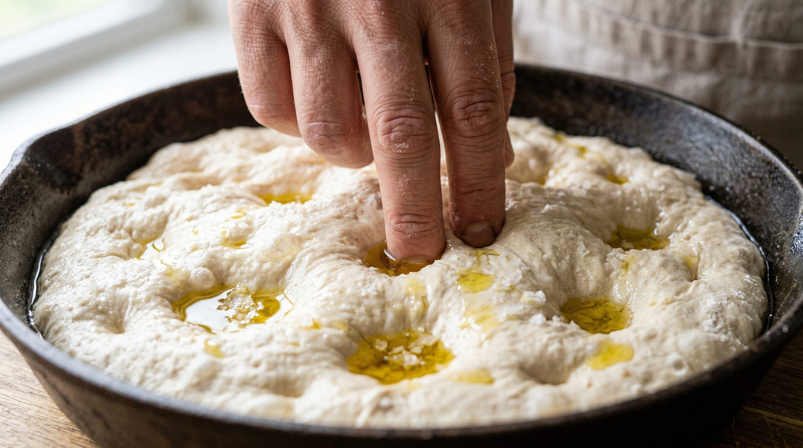 Macro detail of a baker's fingers actively pressing deep, structural dimples into a thick expanse of raw focaccia dough stretching across a cast-iron skillet, with golden olive oil pooling in the indentations