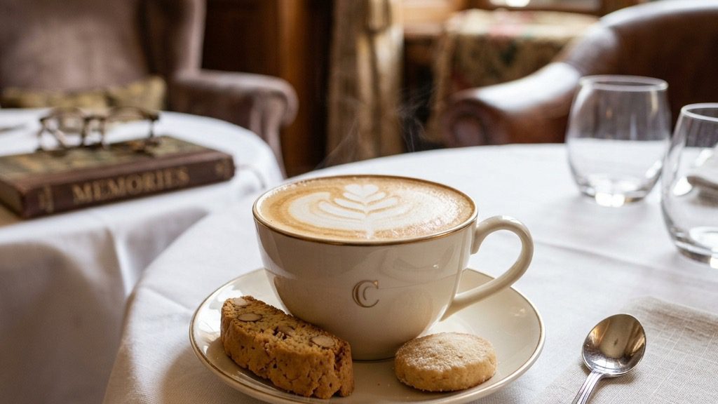 An elegant high-end lifestyle shot of a cappuccino with a single biscotti and shortbread cookie on a white tablecloth.