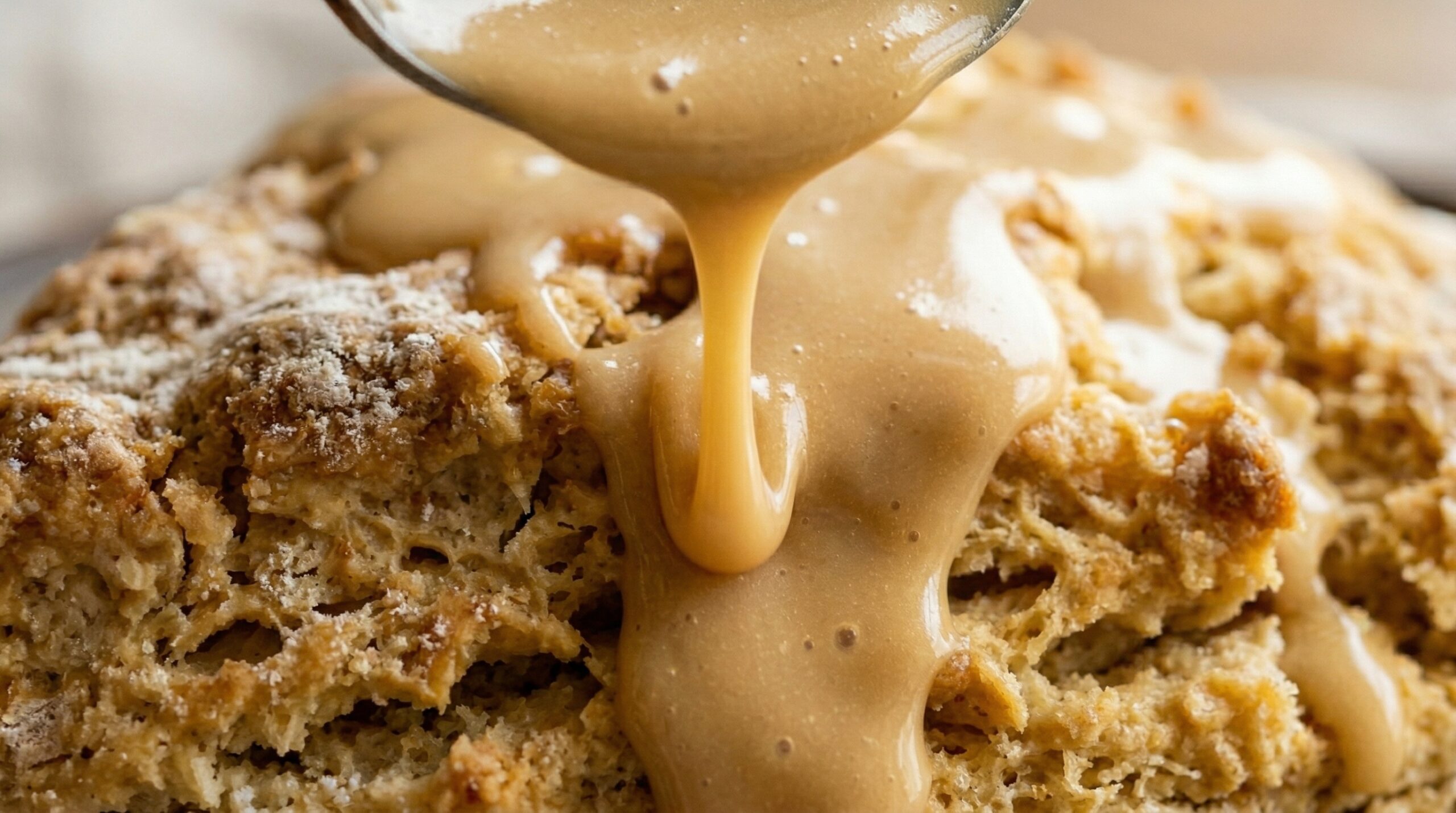 Macro detail of a silver spoon actively drizzling a thick, glossy, pale-amber icing made of maple extract and brewed coffee directly over the golden crust of a freshly baked scone