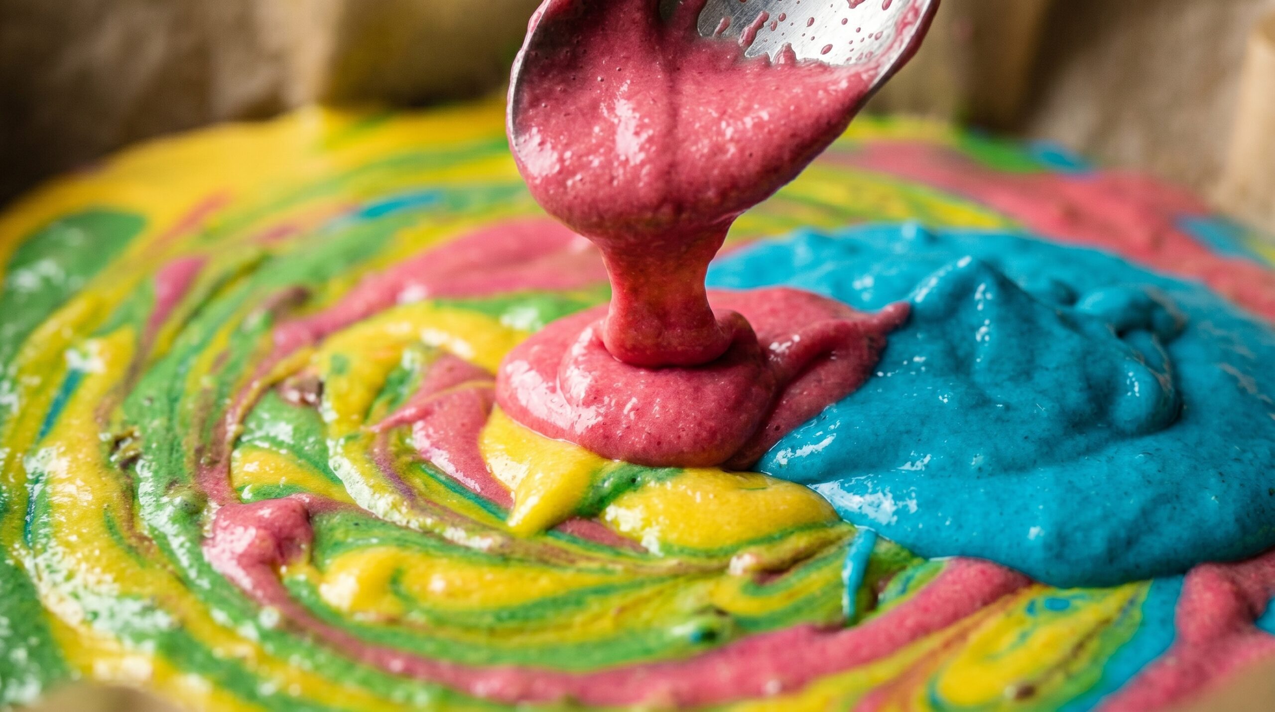 Action shot of a silver spoon dropping thick dollops of vividly colored pink and blue cake batter next to swirls of yellow and green inside a parchment-lined baking pan