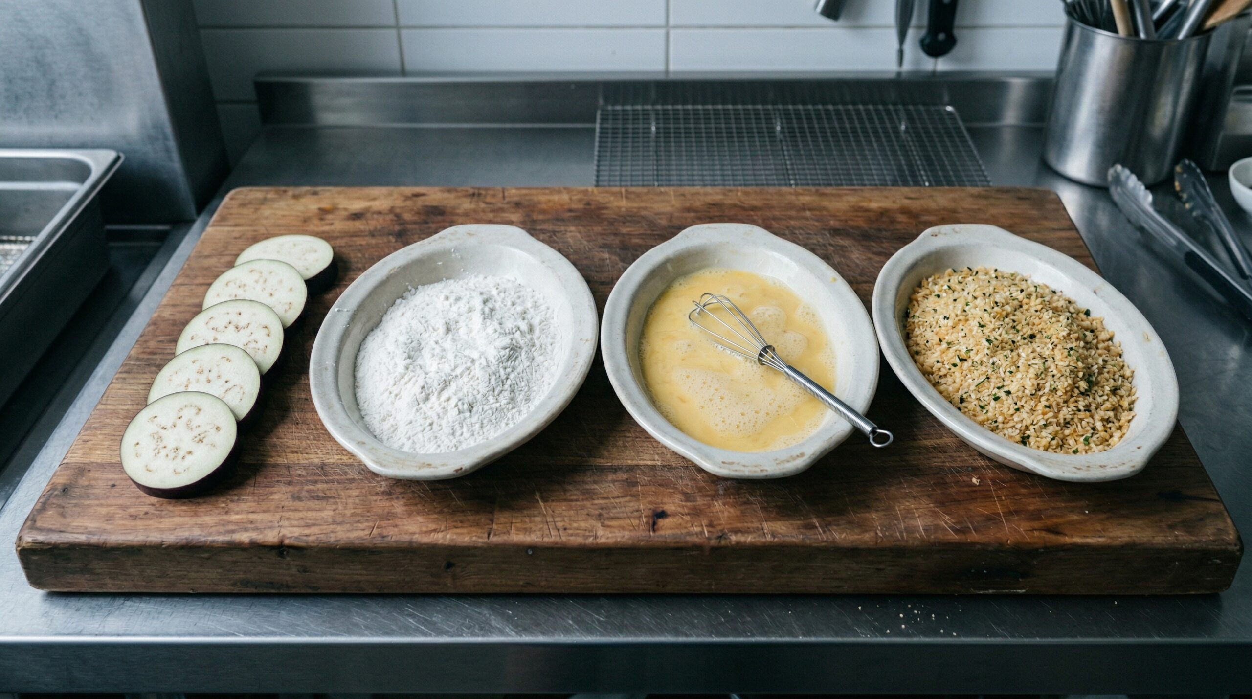 Triple-dredge station with flour, eggs, and panko breadcrumbs beside sliced eggplant