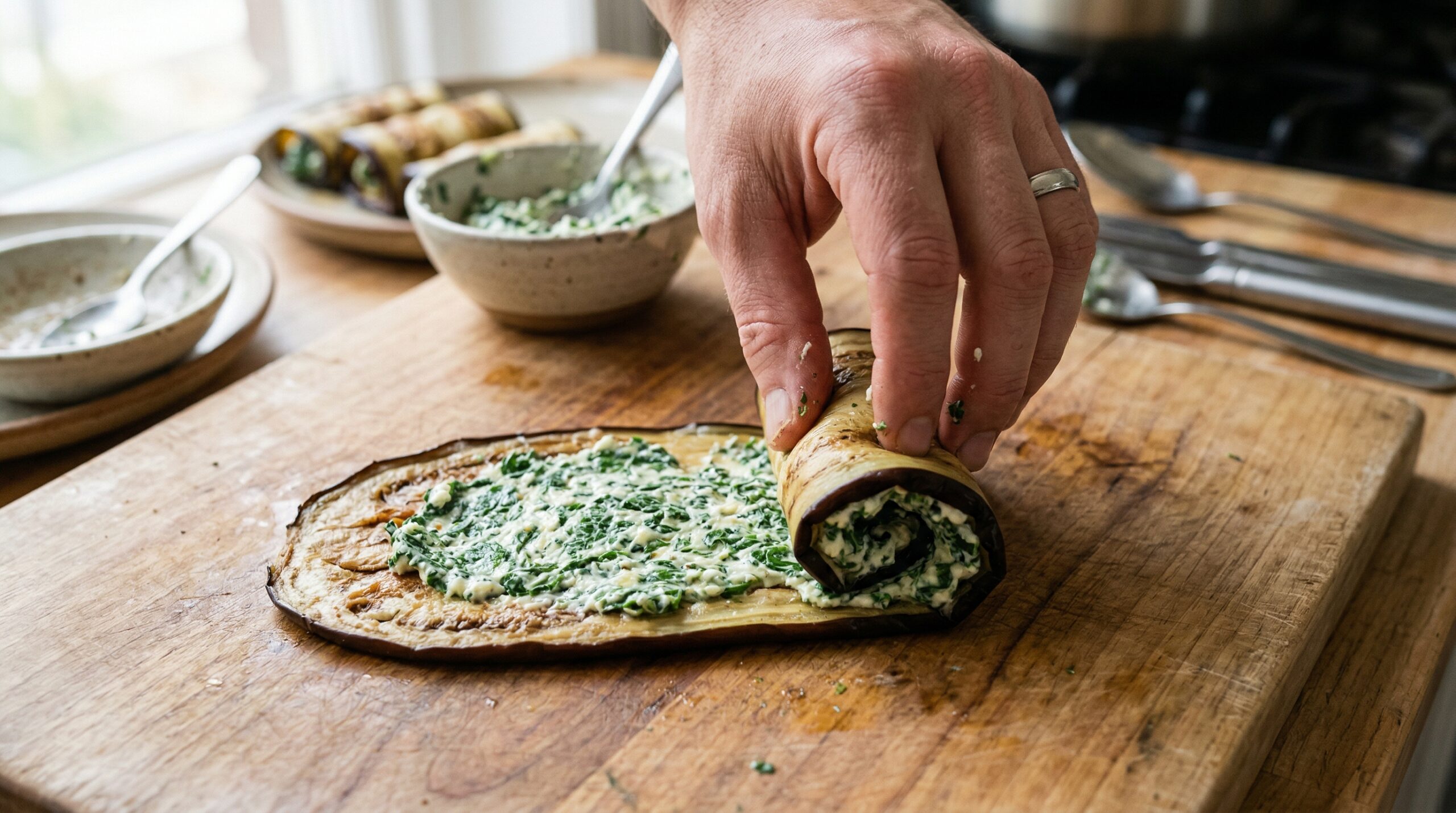 Professional hand spreading ricotta filling onto a pliable roasted eggplant slice and rolling