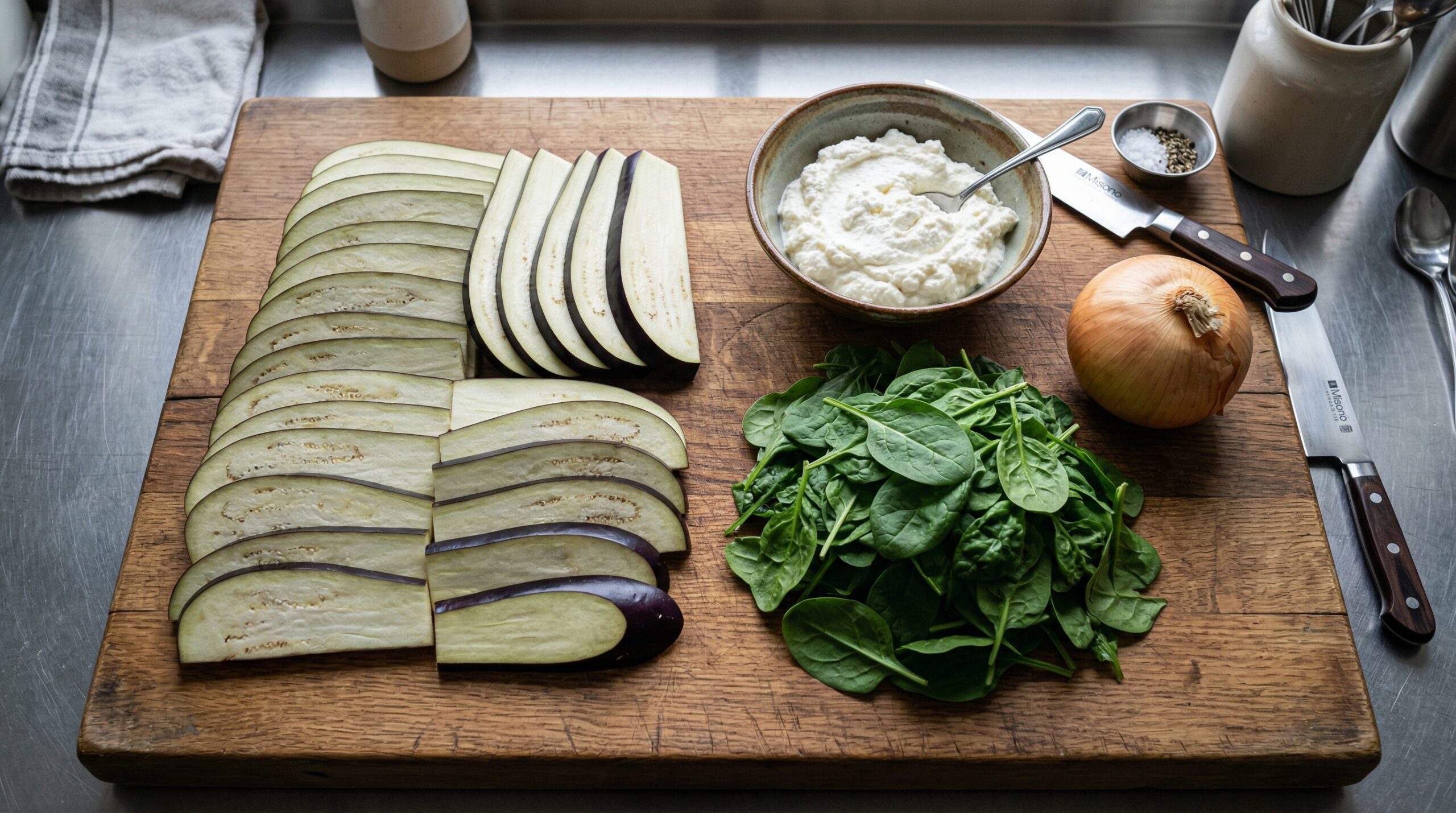 Longitudinal eggplant slices, fresh spinach, and ricotta cheese arranged on a wooden prep board