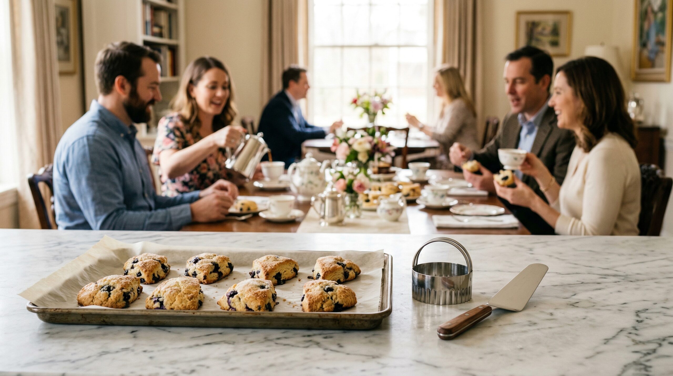 A heavy metal baking sheet lined with parchment paper holding freshly baked scones, a professional 3-inch biscuit cutter, and a silver pastry spatula in sharp focus in the foreground, with an elegant softly lit afternoon tea gathering of four Caucasian couples blurred in the background