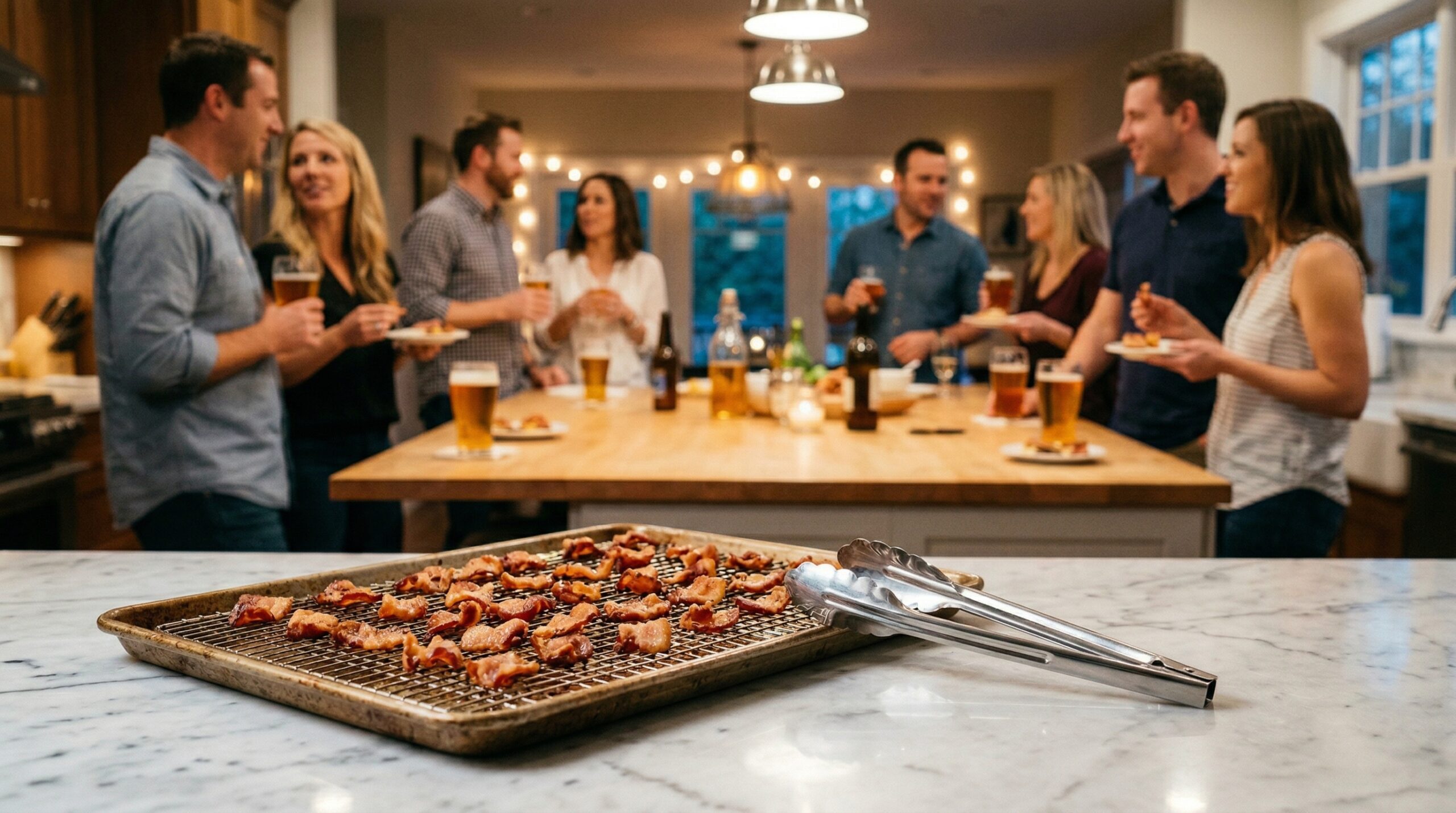 A heavy metal baking sheet fitted with a wire cooling rack holding crispy bacon bites and polished silver serving tongs in sharp focus, with an elegant softly lit evening cocktail hour blurred in the background