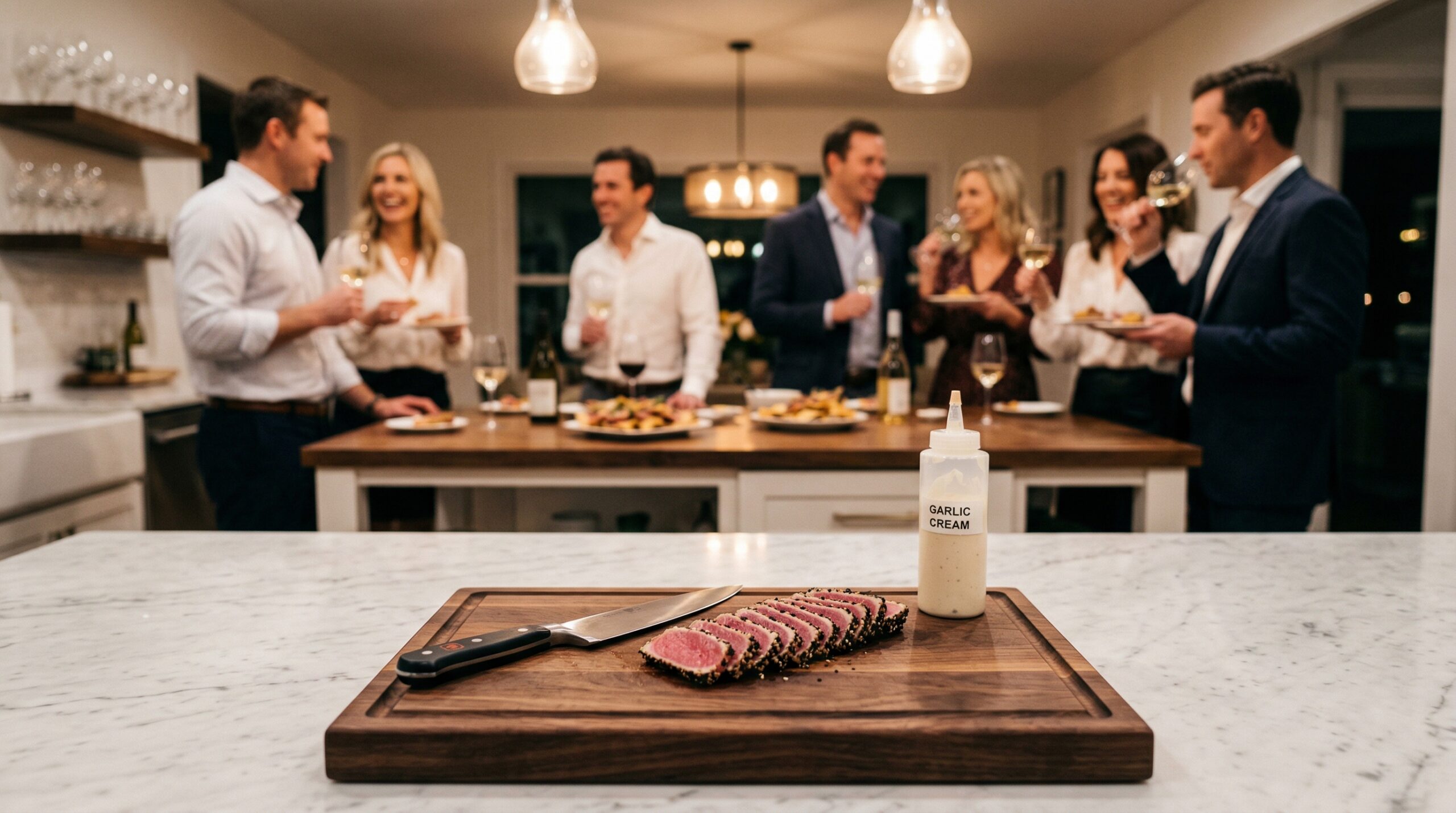 A heavy wooden cutting board holding a chef's knife, thinly sliced seared tuna, and a plastic squeeze bottle in sharp focus, with an elegant evening cocktail gathering of four Caucasian couples blurred in the background