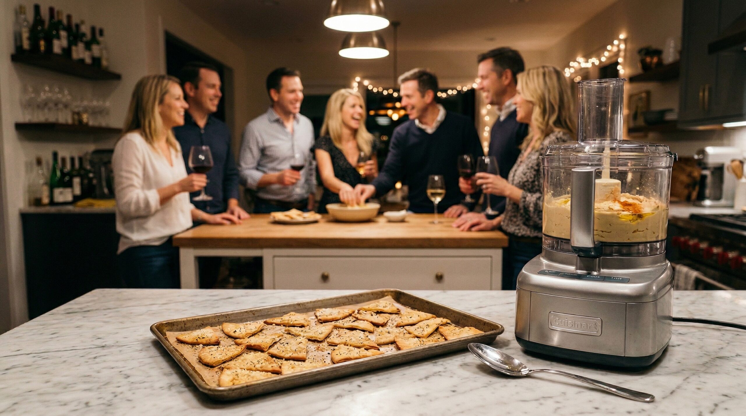 A high-capacity food processor bowl, a heavy metal baking sheet lined with baked Parmesan pita crisps, and a silver serving spoon in sharp focus in the foreground, with an elegant evening gathering of four Caucasian couples blurred in the background